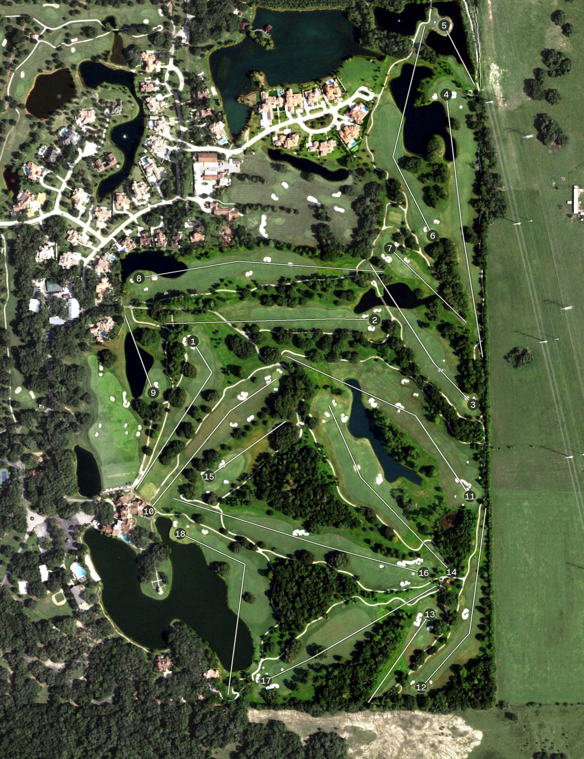 Aerial view of Houston Oaks Country Club - Oaks Course, TX, with its hole routing marked