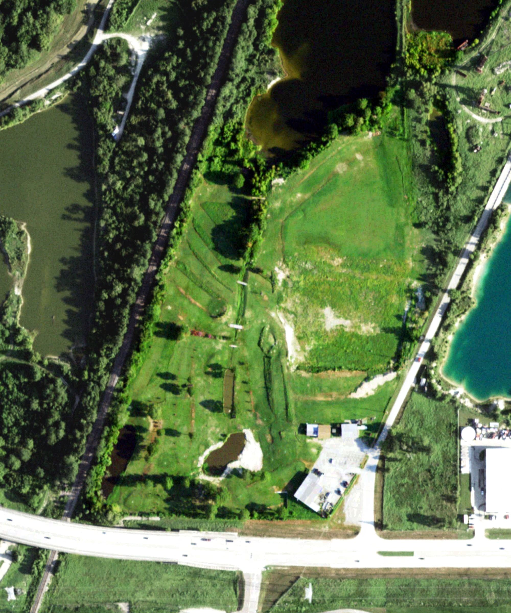 Aerial view of Humble Oil Patch Foot Golf Course, TX, with its hole routing marked