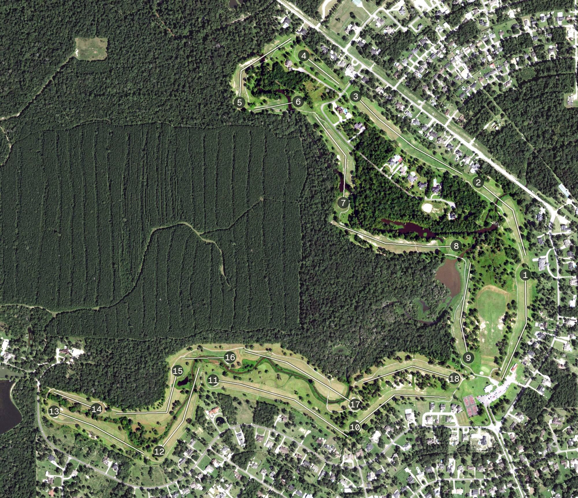 Aerial view of Idylwild Golf Club, TX, with its hole routing marked