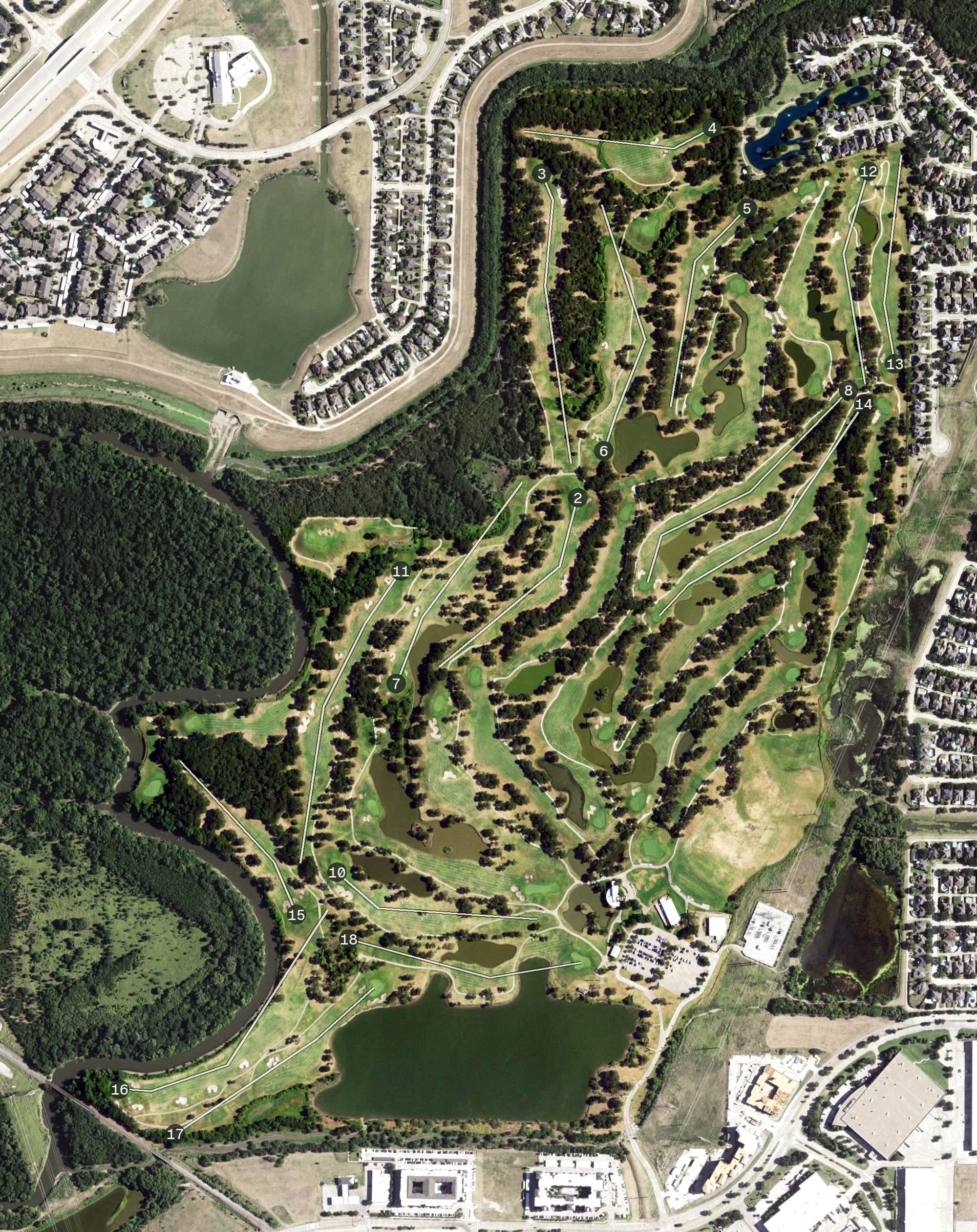 Aerial view of Indian Creek Golf Club, TX, with its hole routing marked