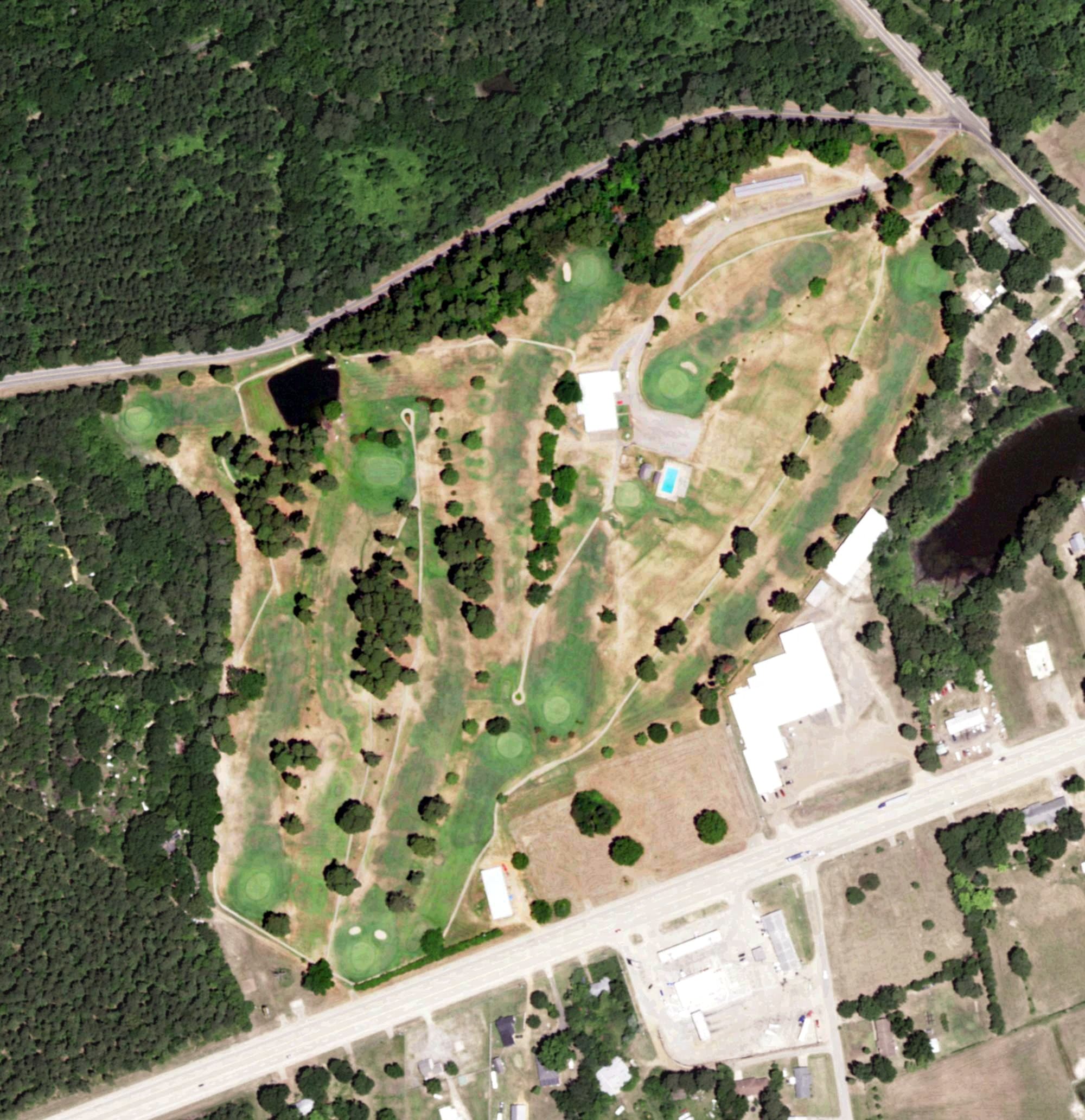 Aerial view of Indian Hills Country Club, TX, with its hole routing marked