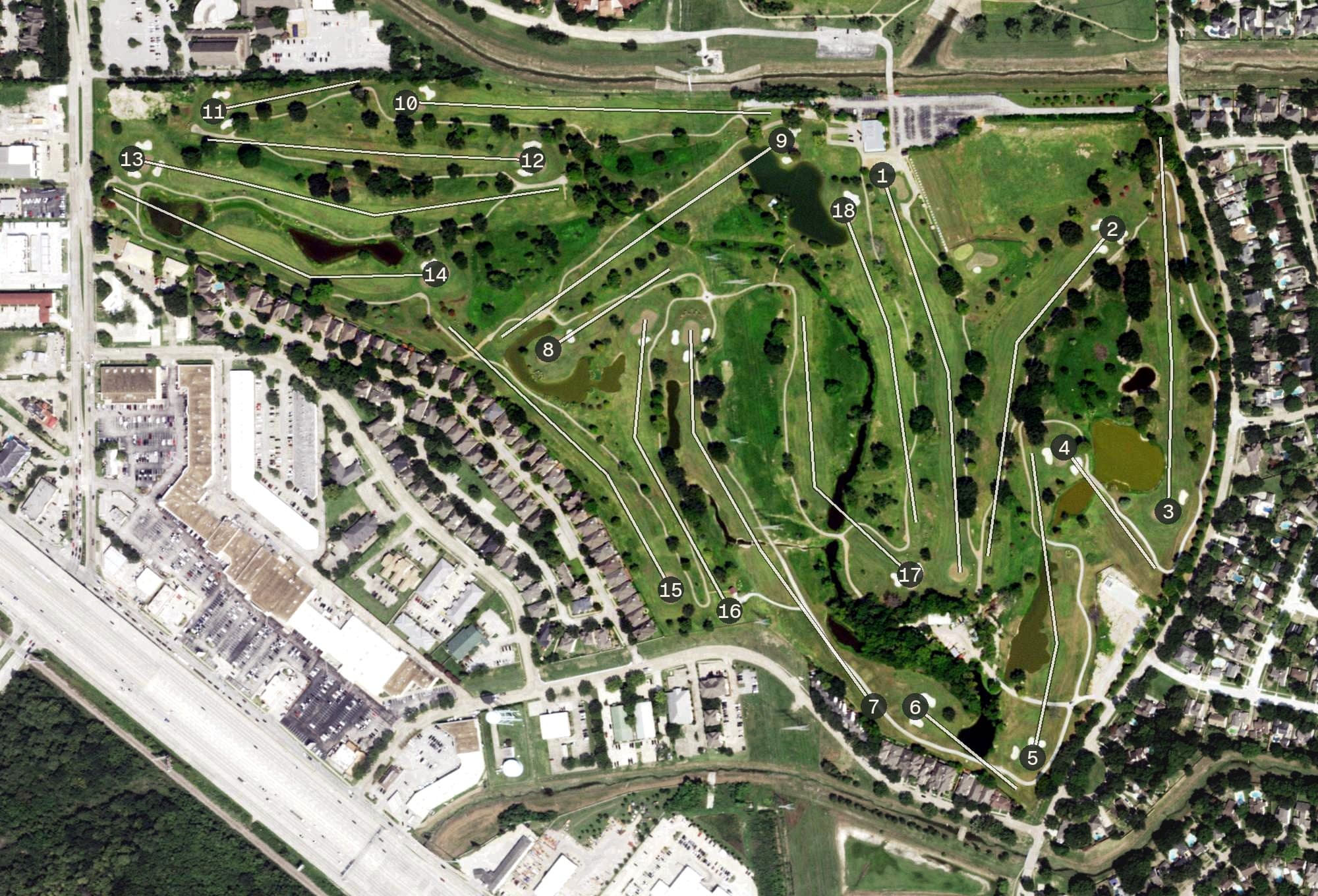 Aerial view of Jersey Meadow Golf Course, TX, with its hole routing marked