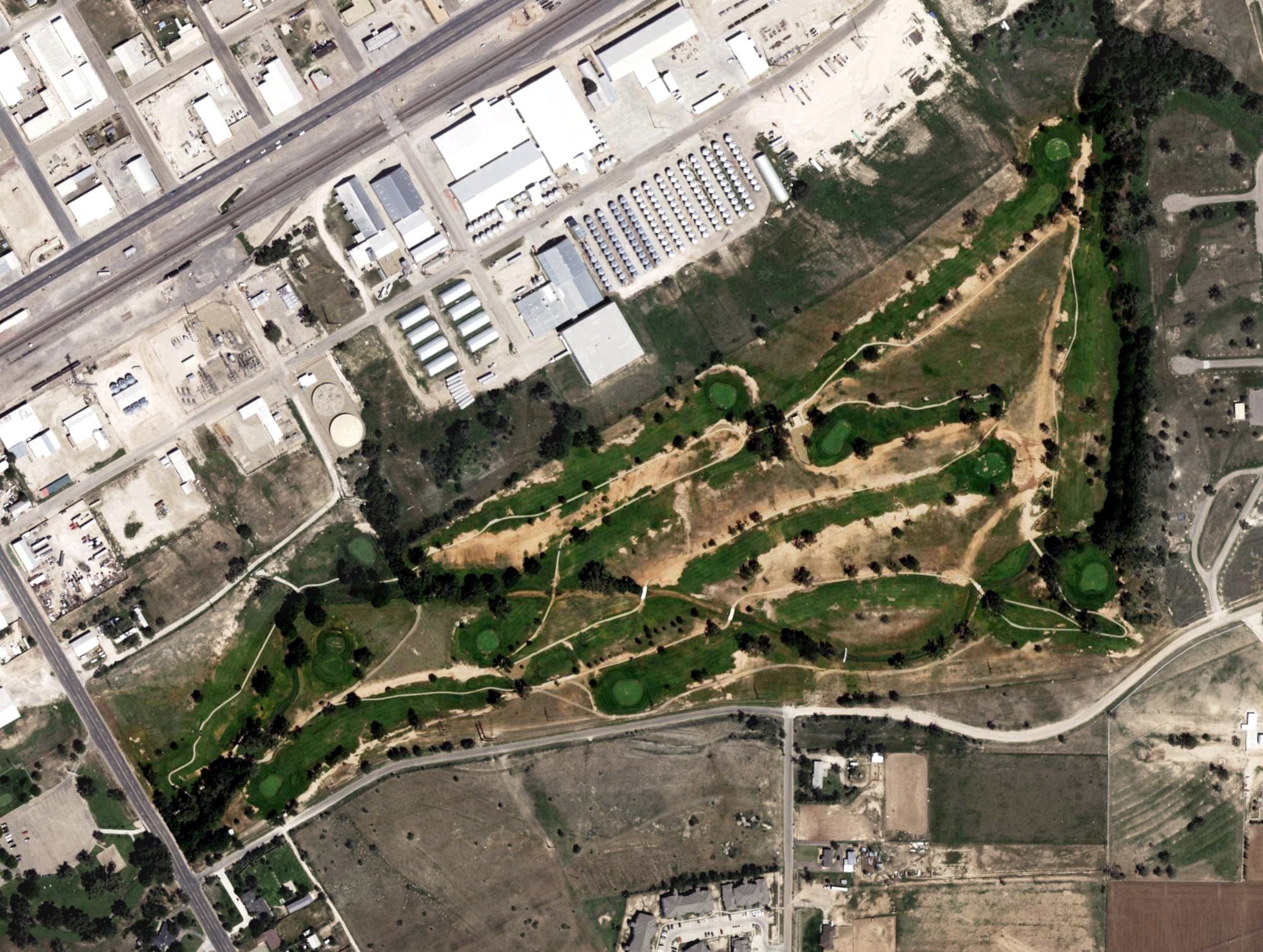 Aerial view of John Pitman Golf Club, TX, with its hole routing marked