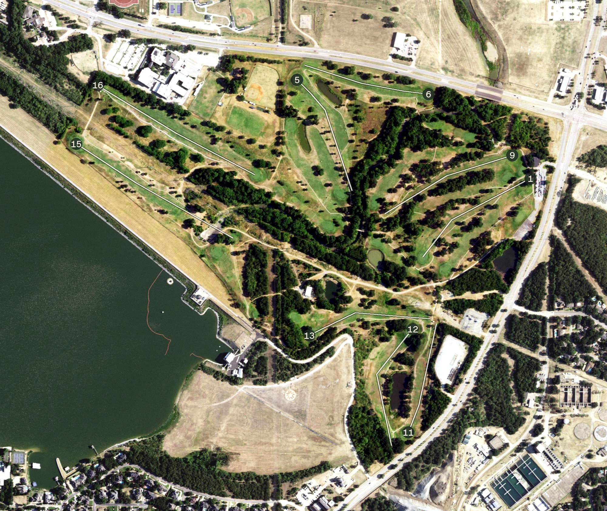 Aerial view of Lake Arlington Golf Course, TX, with its hole routing marked