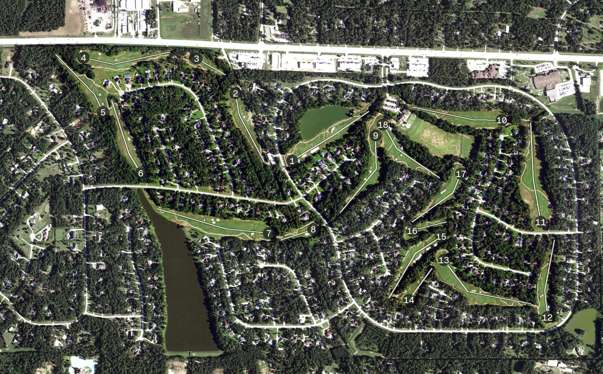 Aerial view of Lake Windcrest Golf Club, TX, with its hole routing marked