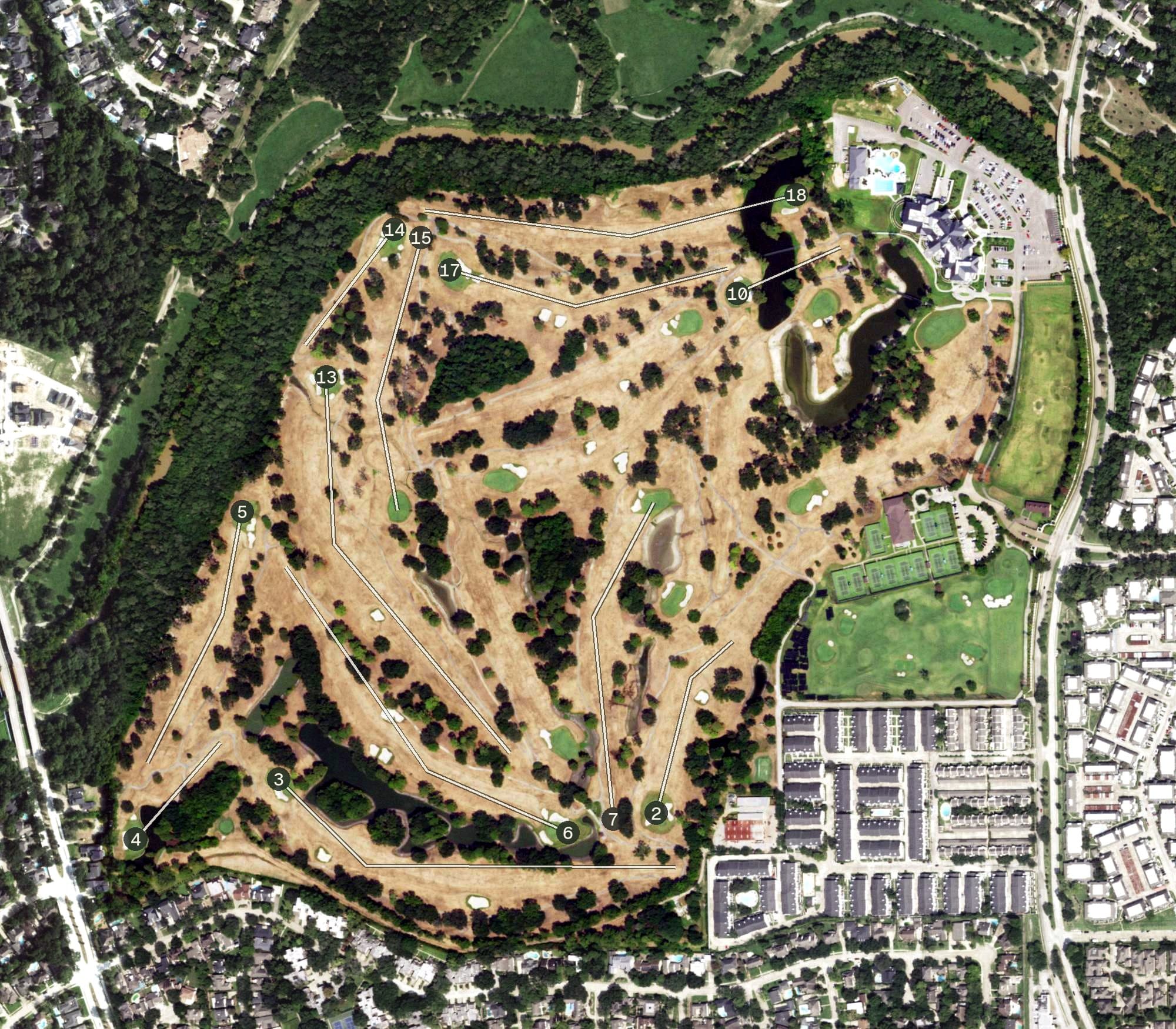 Aerial view of Lakeside Country Club, TX, with its hole routing marked