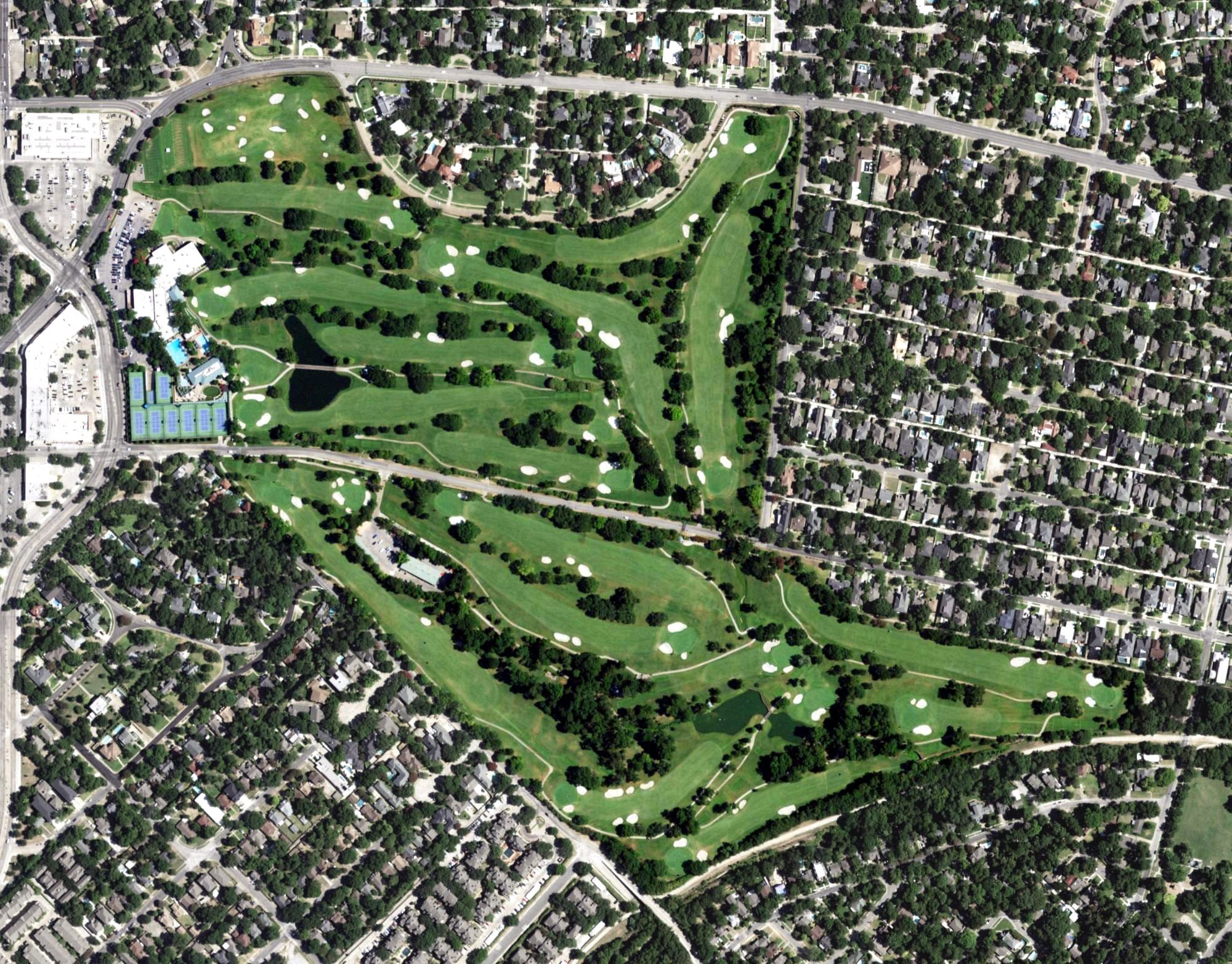 Aerial view of Lakewood Country Club golf course, TX, with its hole routing marked