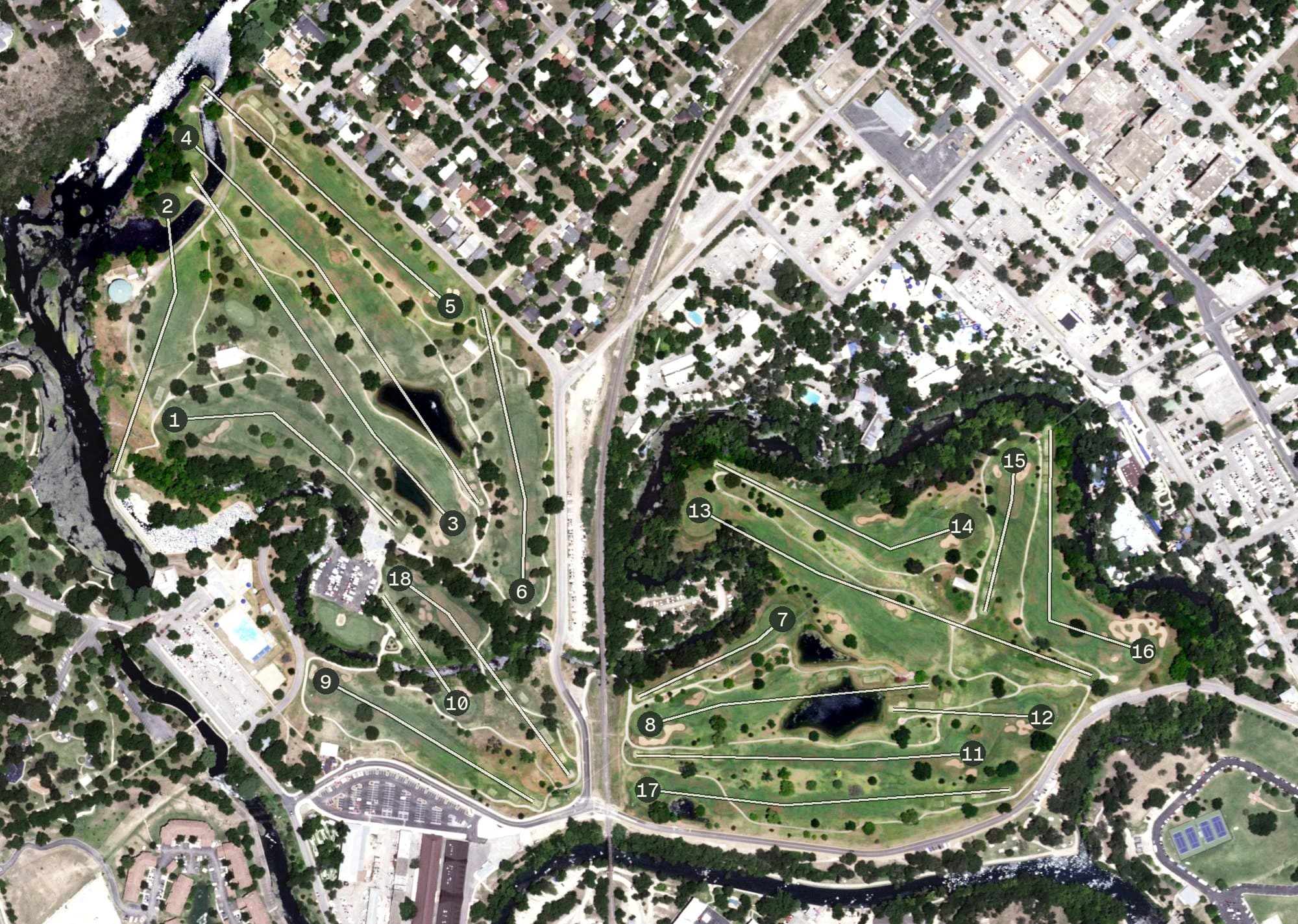 Aerial view of Landa Park Golf Course, TX, with its hole routing marked