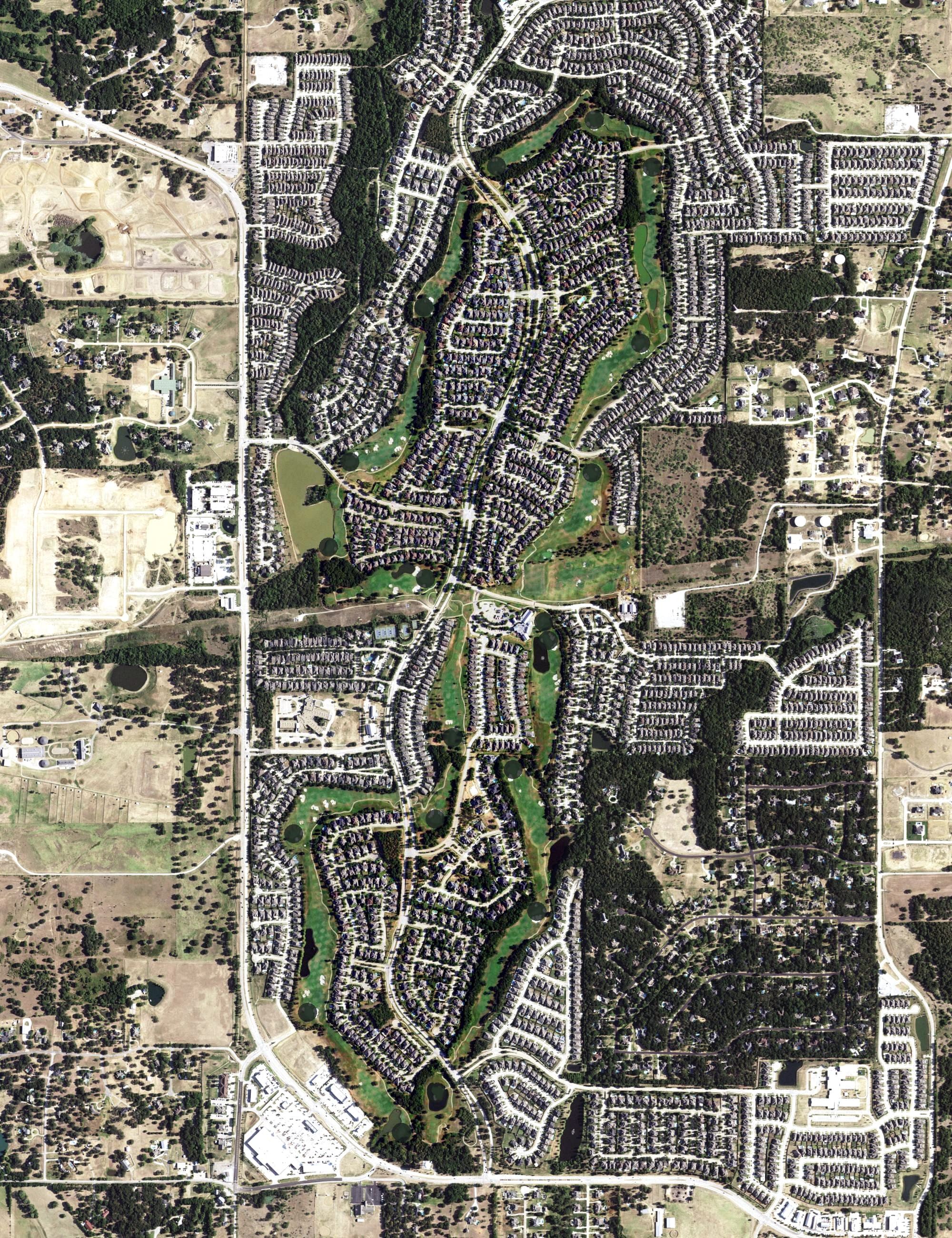 Aerial view of Lantana Golf Club, TX, with its hole routing marked