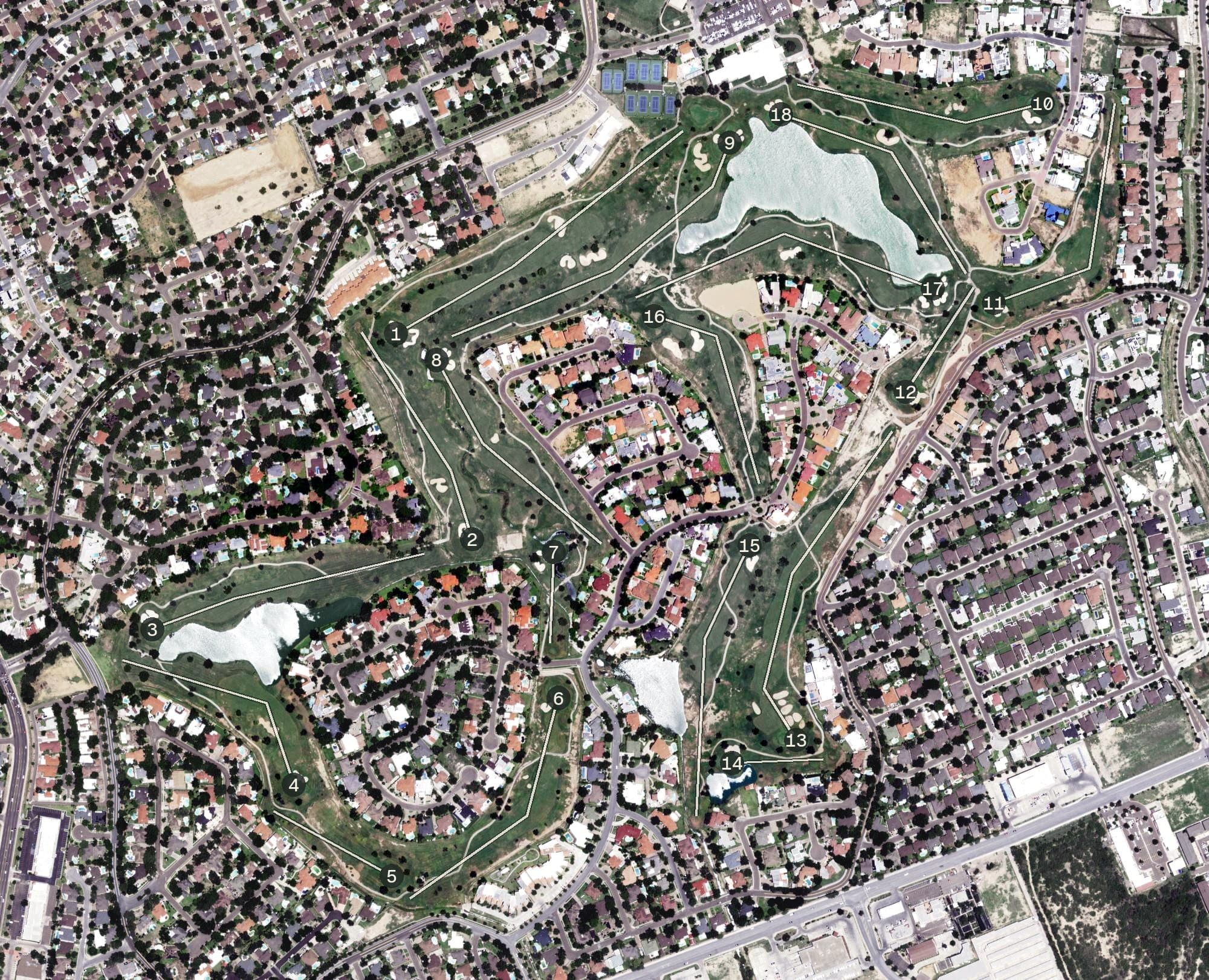 Aerial view of Laredo Country Club, TX, with its hole routing marked
