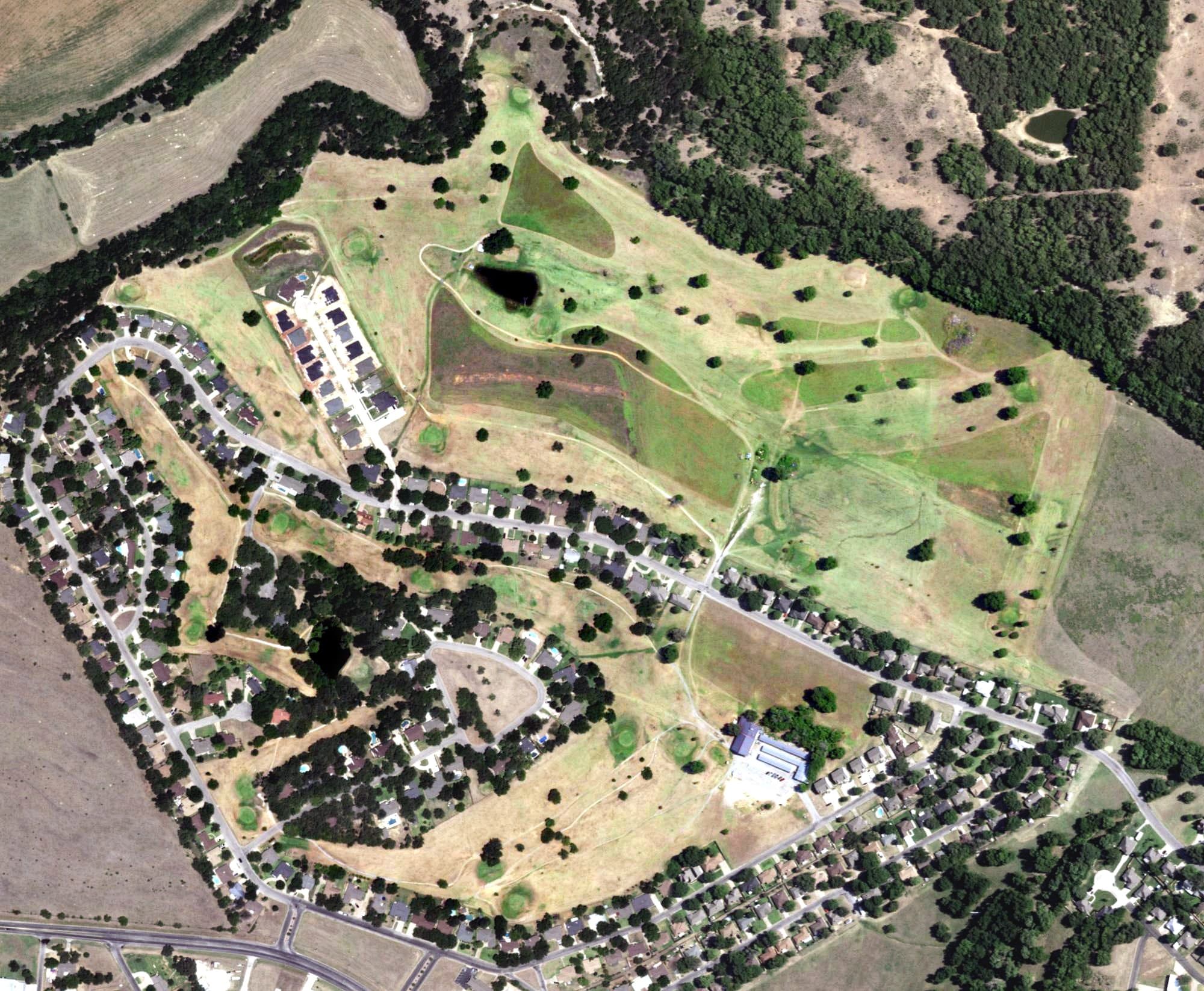 Aerial view of Legends Country Club, TX, with its hole routing marked