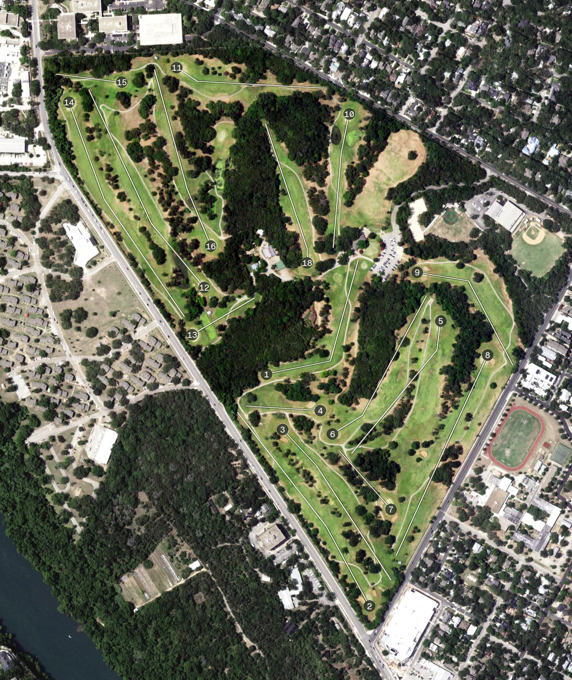 Aerial view of Lions Municipal Golf Course, TX, with its hole routing marked