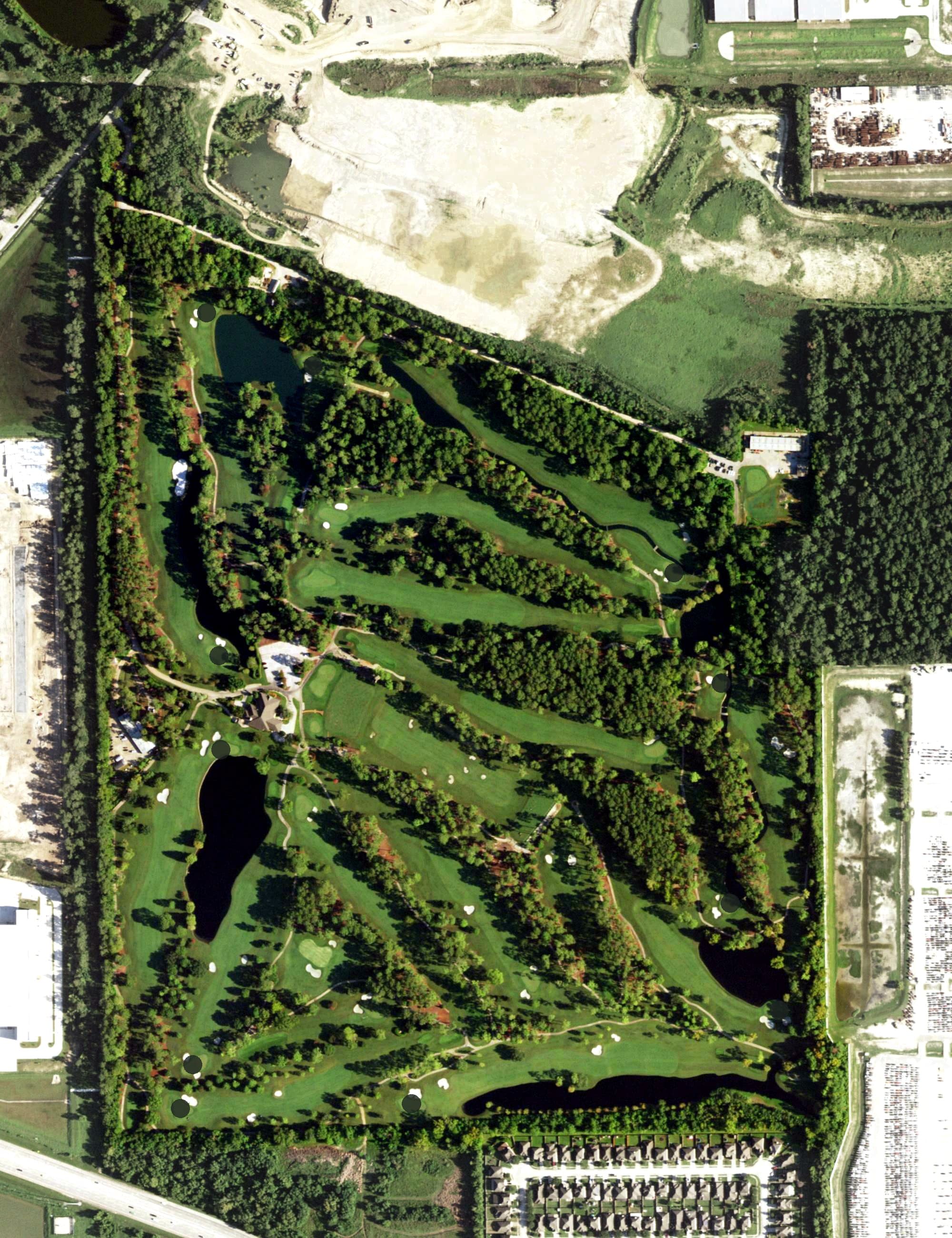 Aerial view of Lochinvar Golf Club, TX, with its hole routing marked