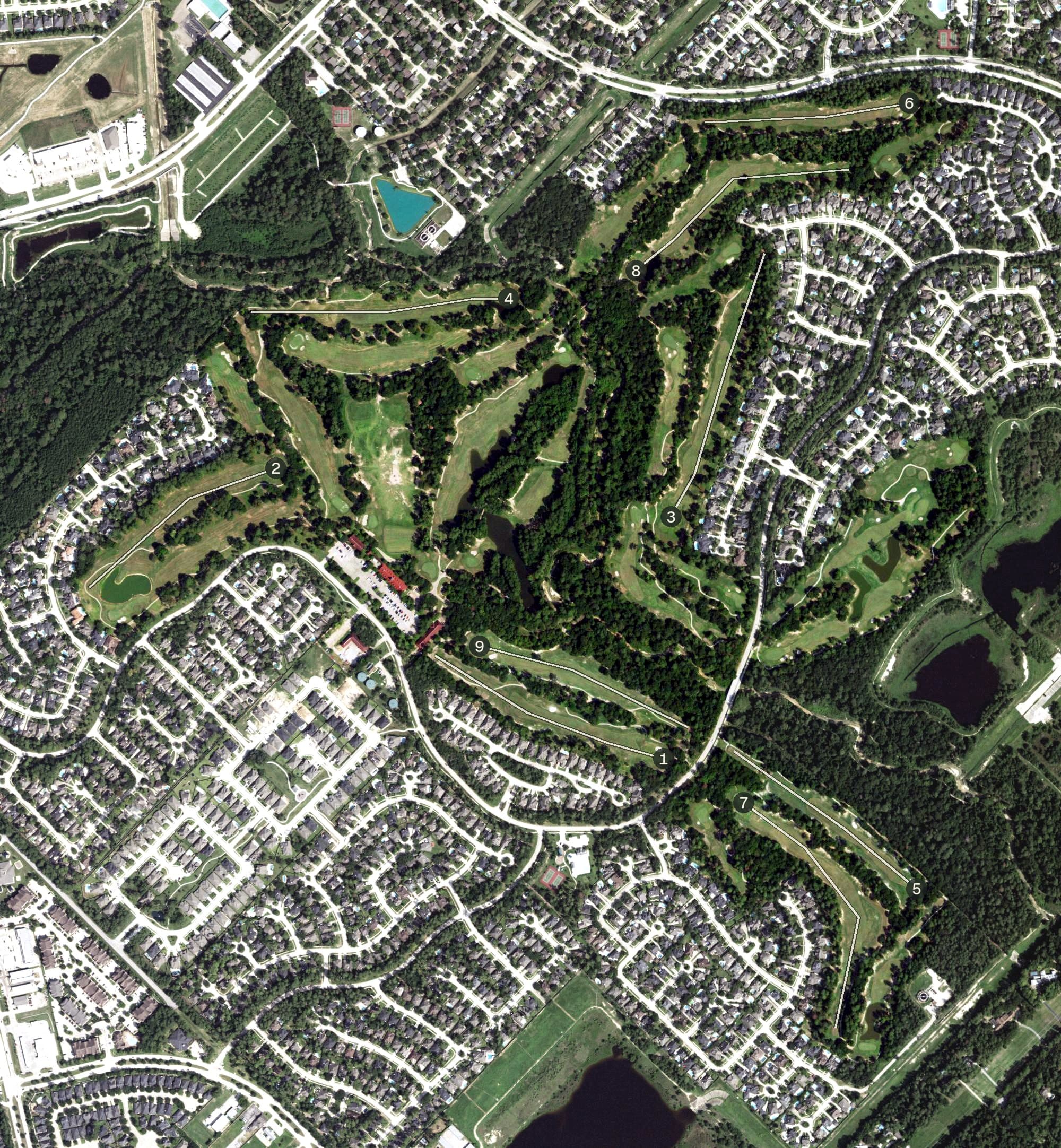 Aerial view of Longwood Golf Club, TX, with its hole routing marked