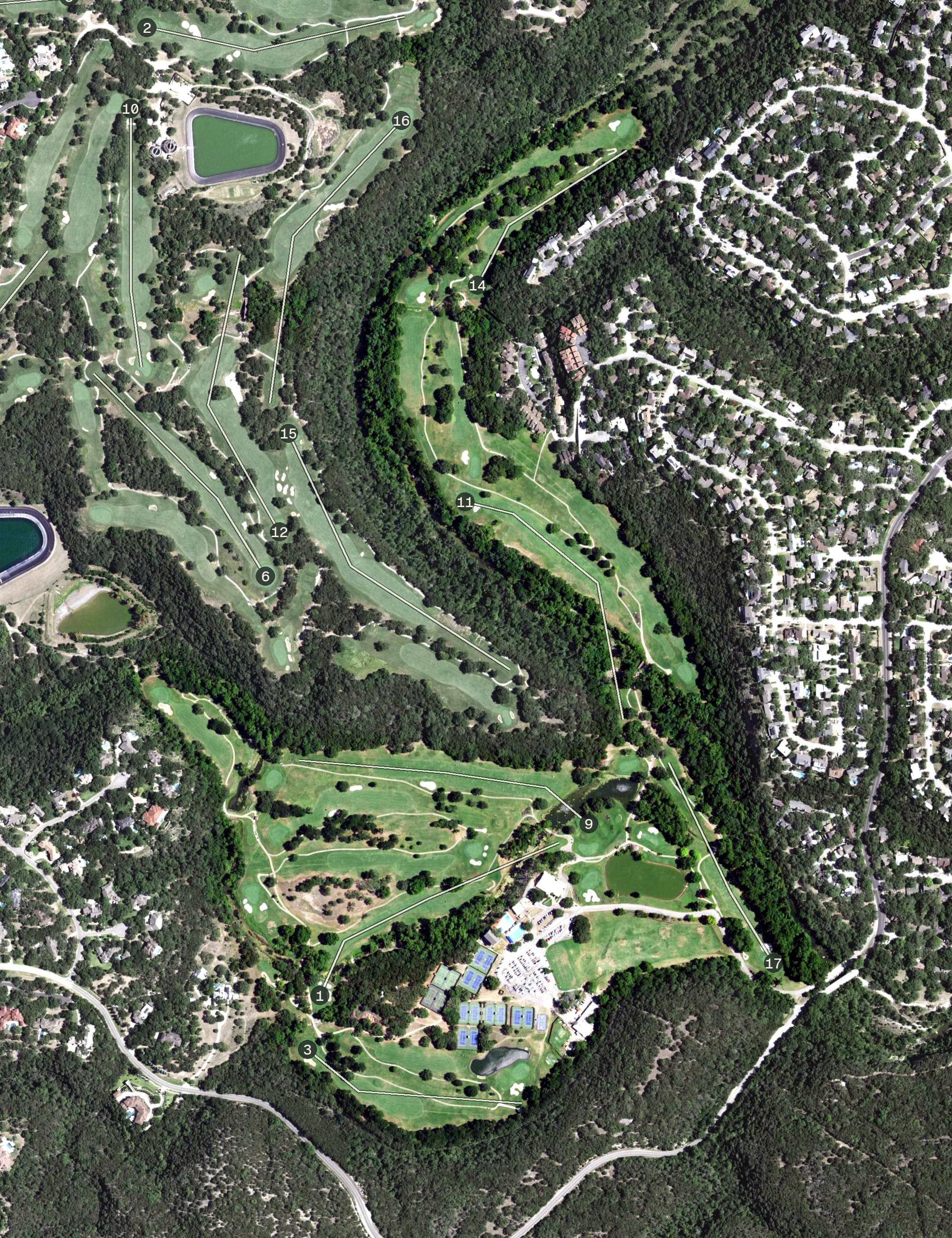 Aerial view of Lost Creek Country Club, TX, with its hole routing marked