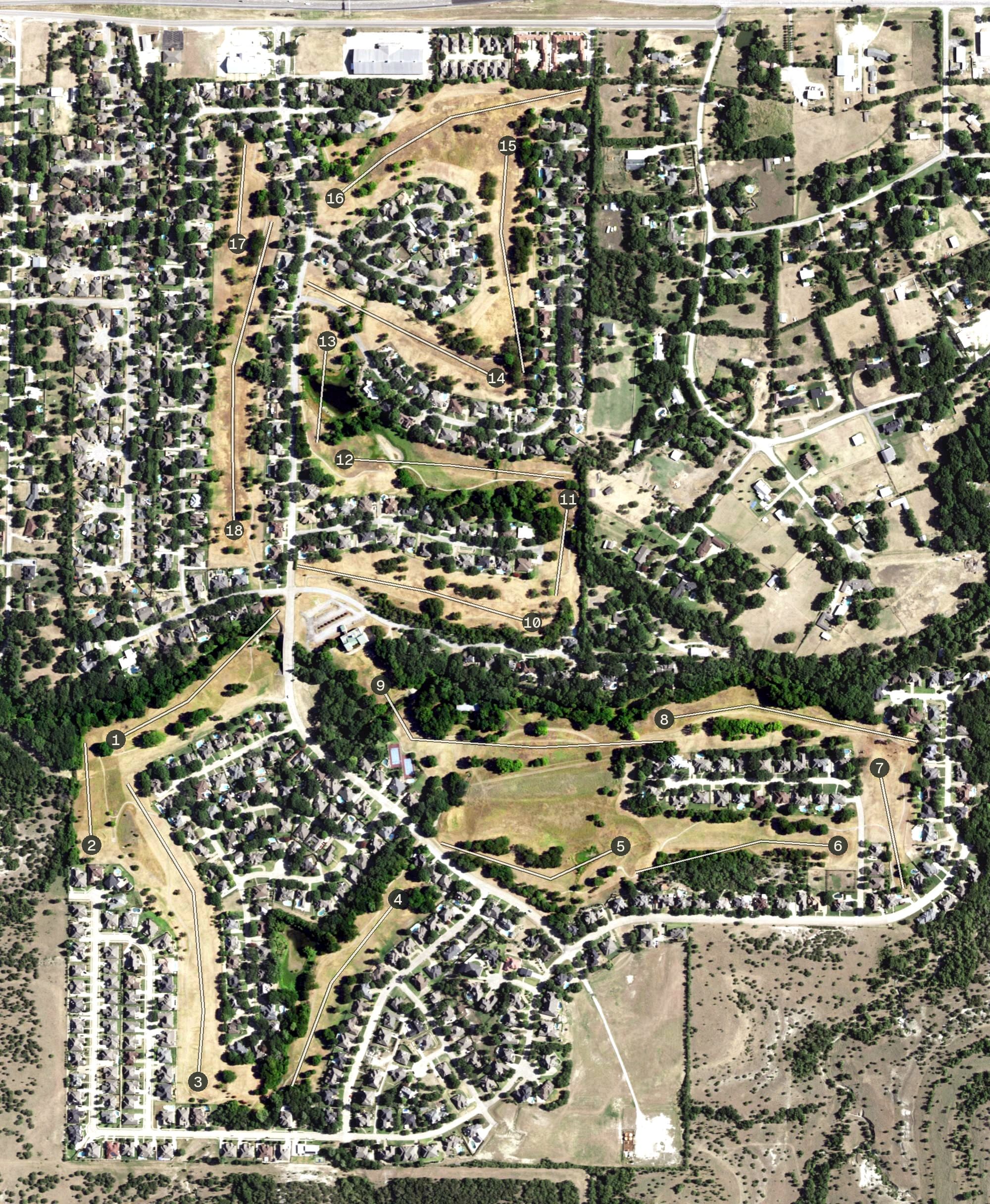 Aerial view of Lost Creek Golf Club, TX, with its hole routing marked