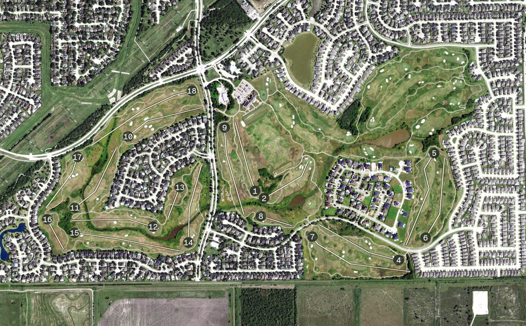 Aerial view of Magnolia Creek Golf Club, TX, with its hole routing marked