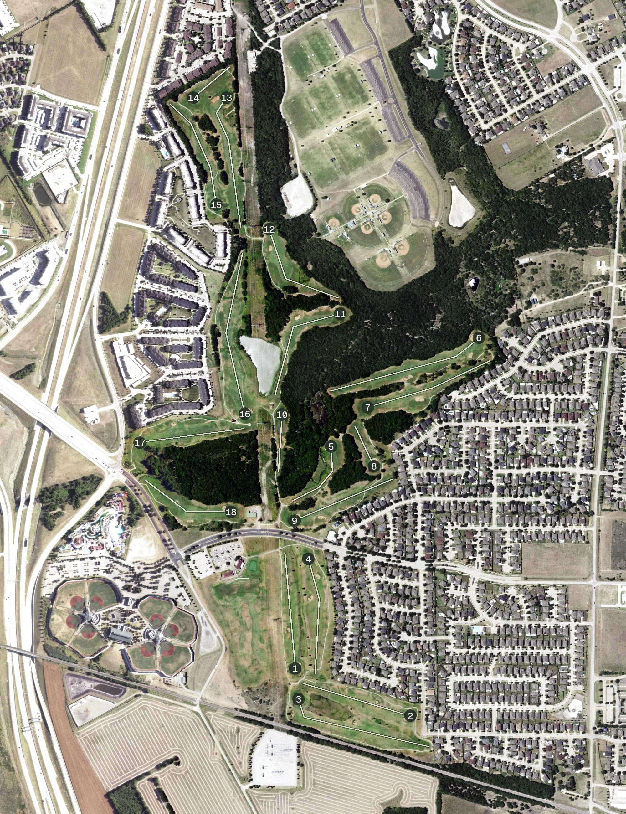 Aerial view of Mansfield National Golf Club, TX, with its hole routing marked