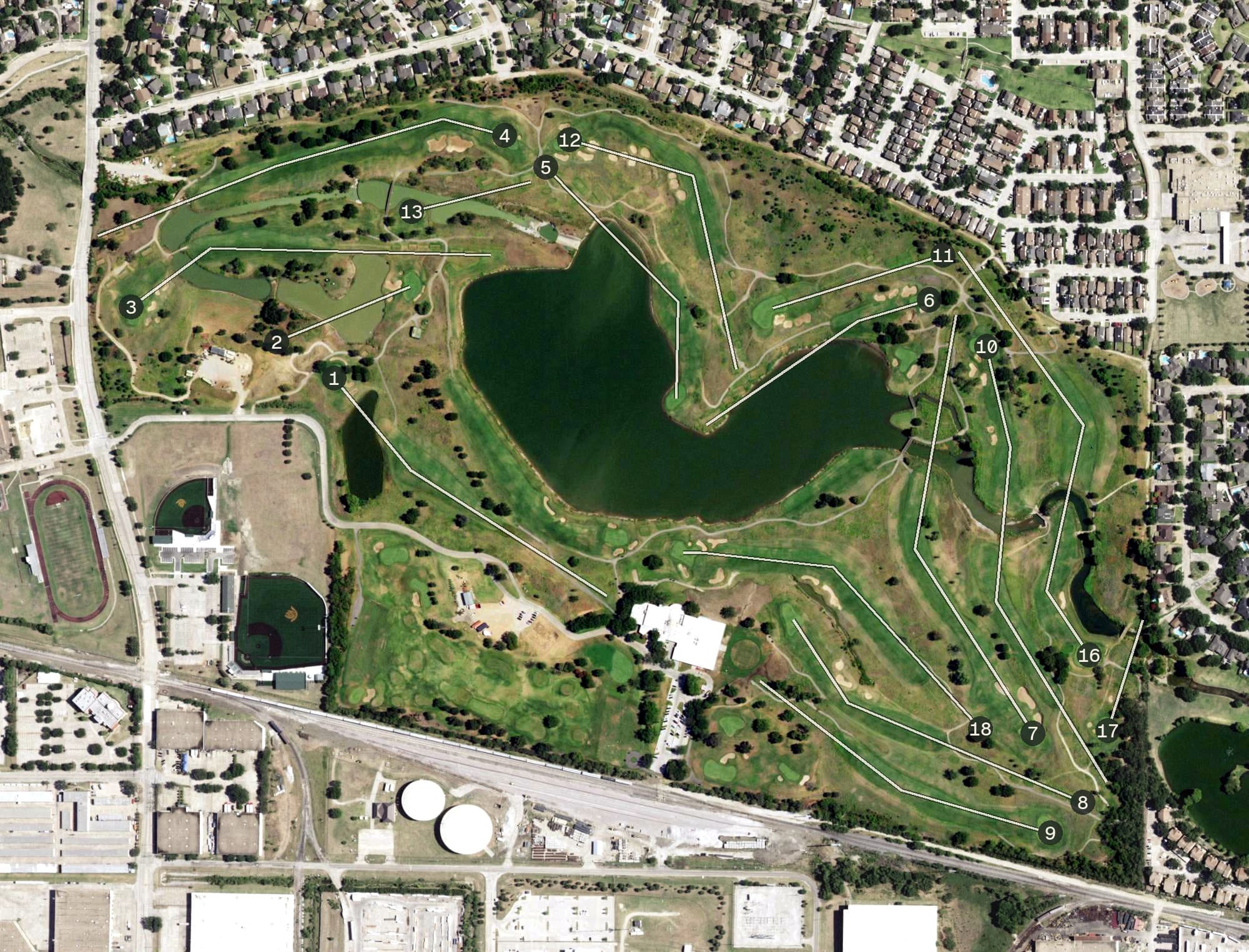 Aerial view of Maridoe Golf Club, TX, with its hole routing marked
