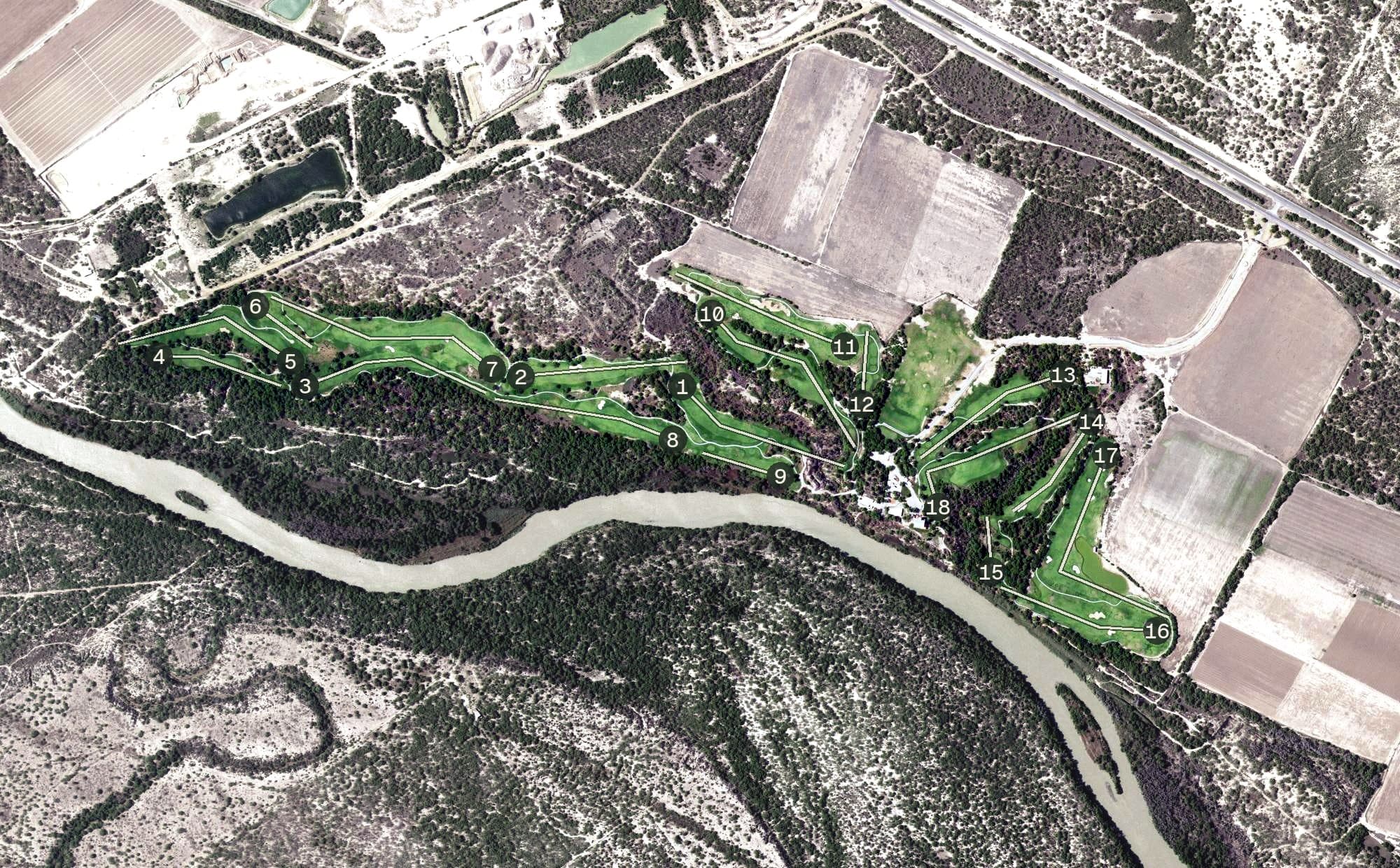 Aerial view of Max A. Mandel Municipal Golf Course, TX, with its hole routing marked
