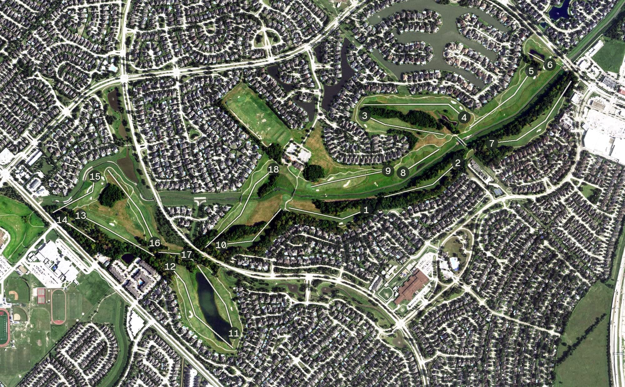 Aerial view of Meadowbrook Farms Golf Club, TX, with its hole routing marked