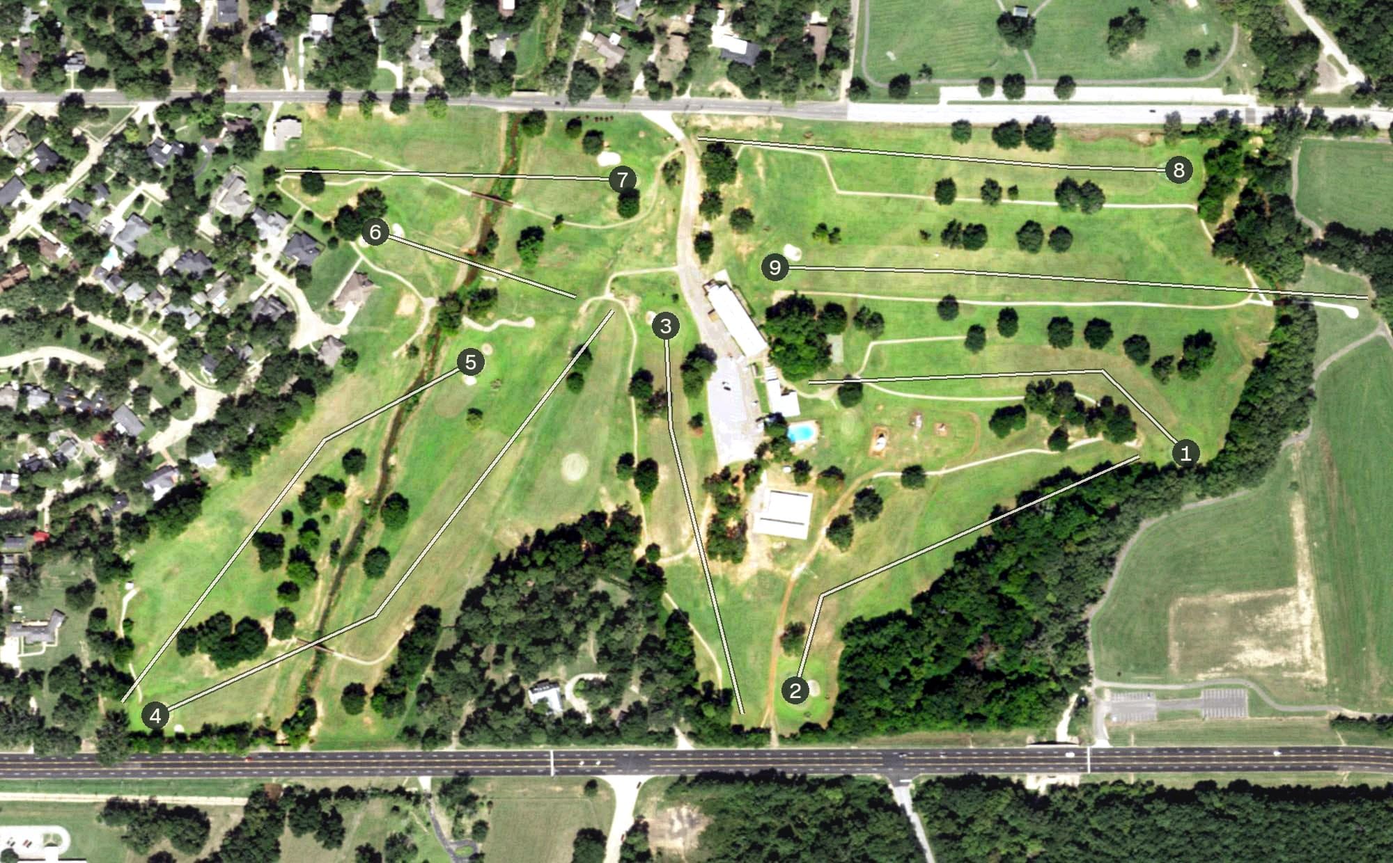 Aerial view of Meadowbrook Golf & Event Center, TX, with its hole routing marked