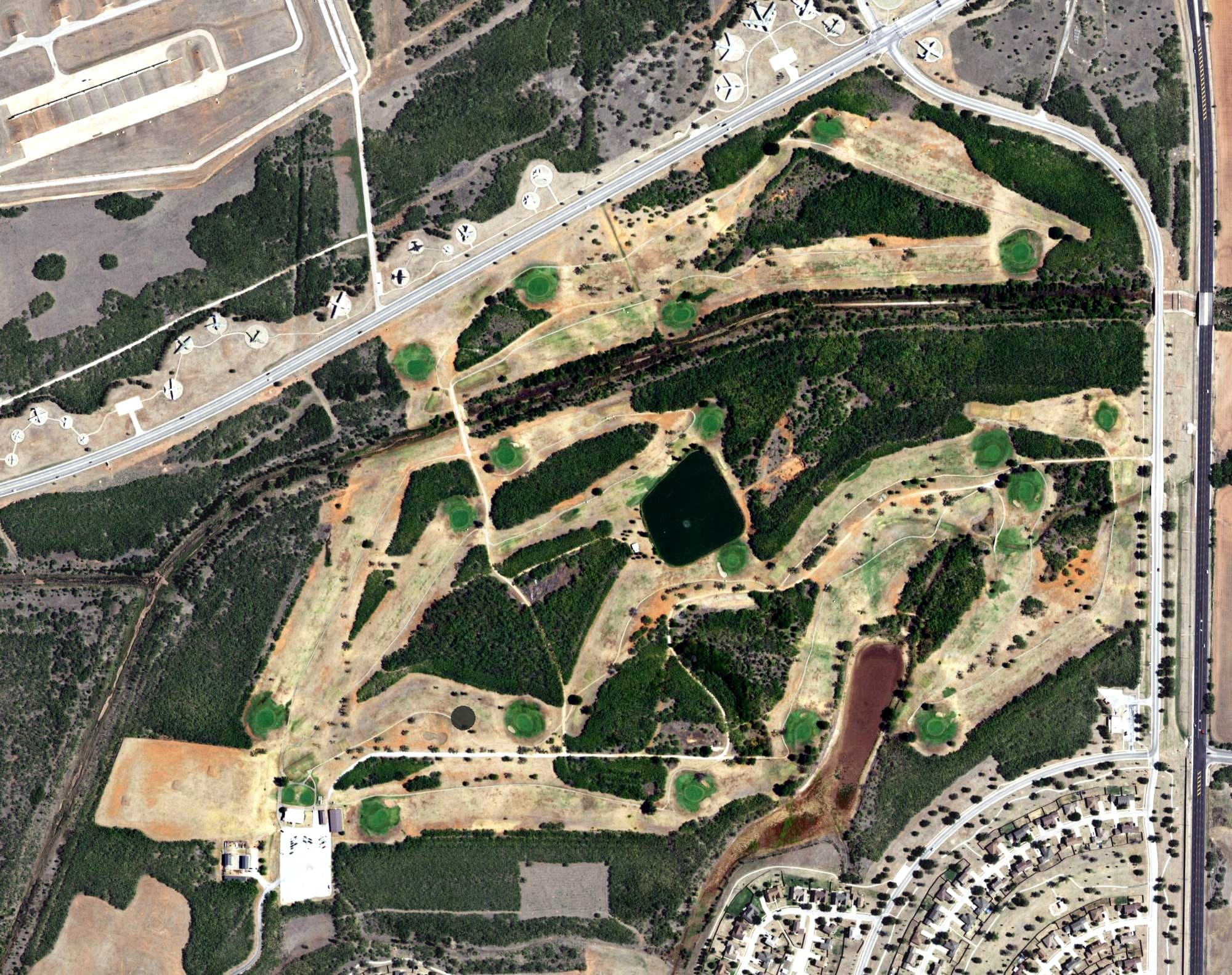 Aerial view of Mesquite Grove Golf Course, TX, with its hole routing marked