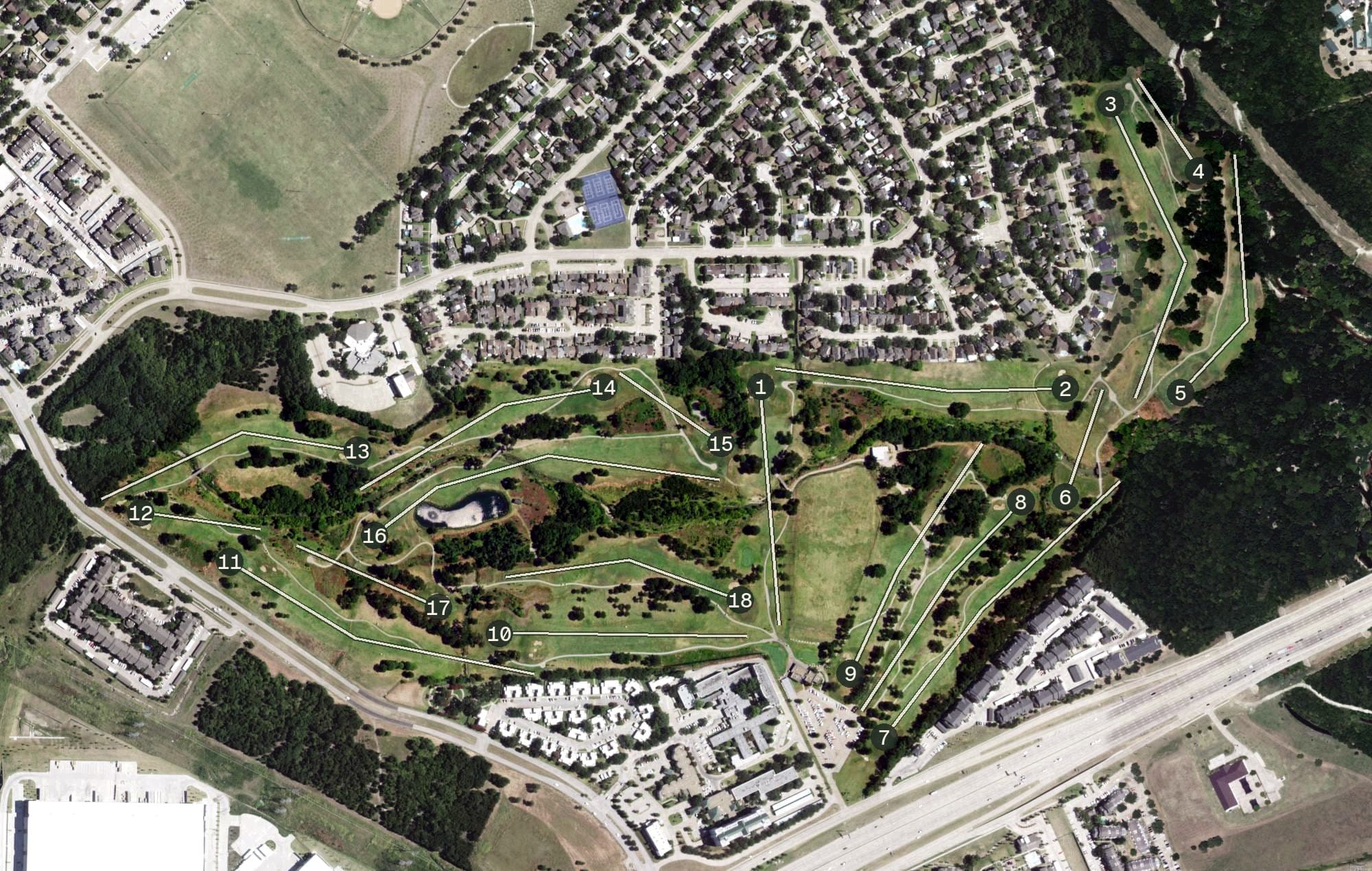 Aerial view of Mesquite Municipal Golf Course, TX, with its hole routing marked