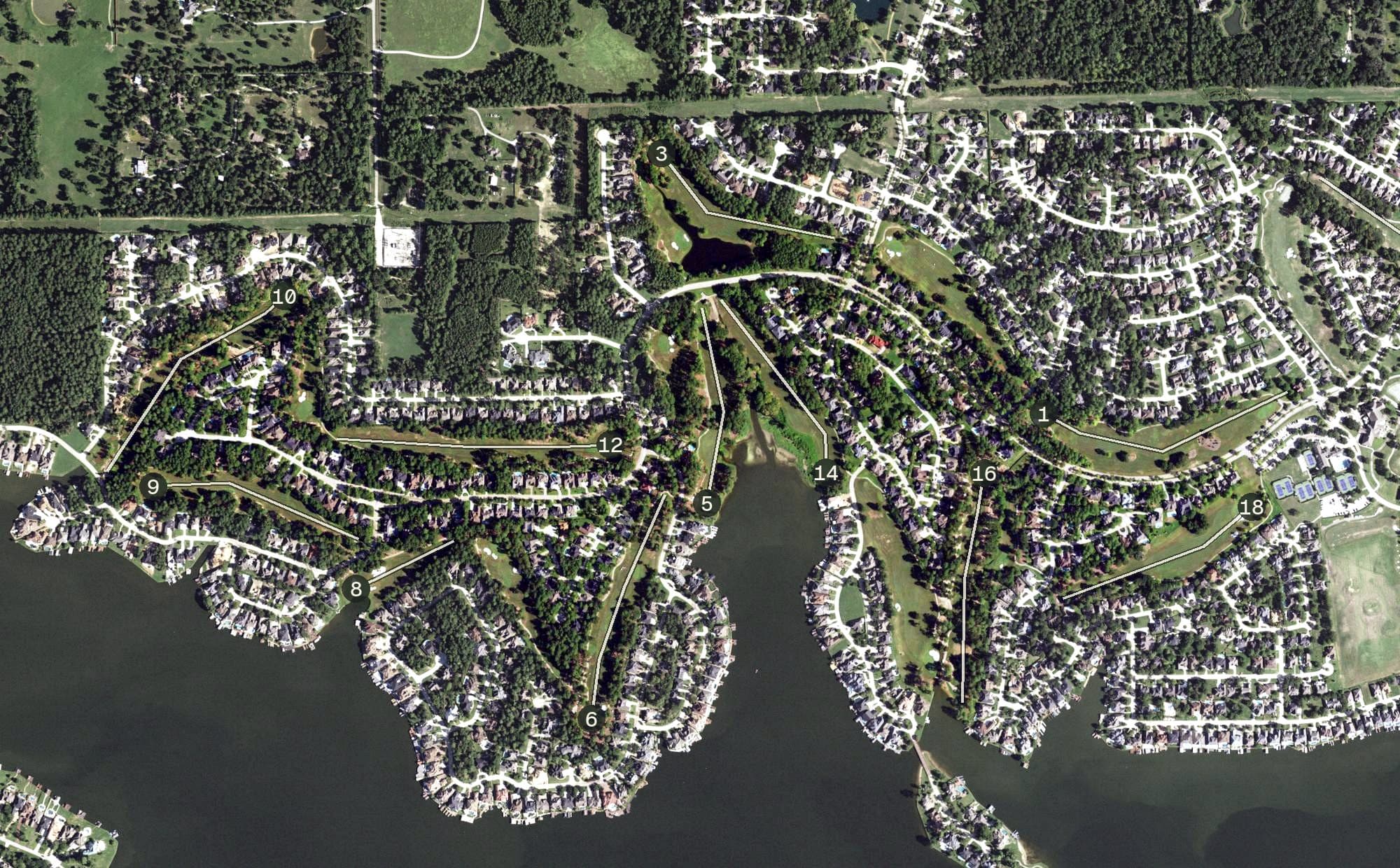 Aerial view of Miller Course, TX, with its hole routing marked