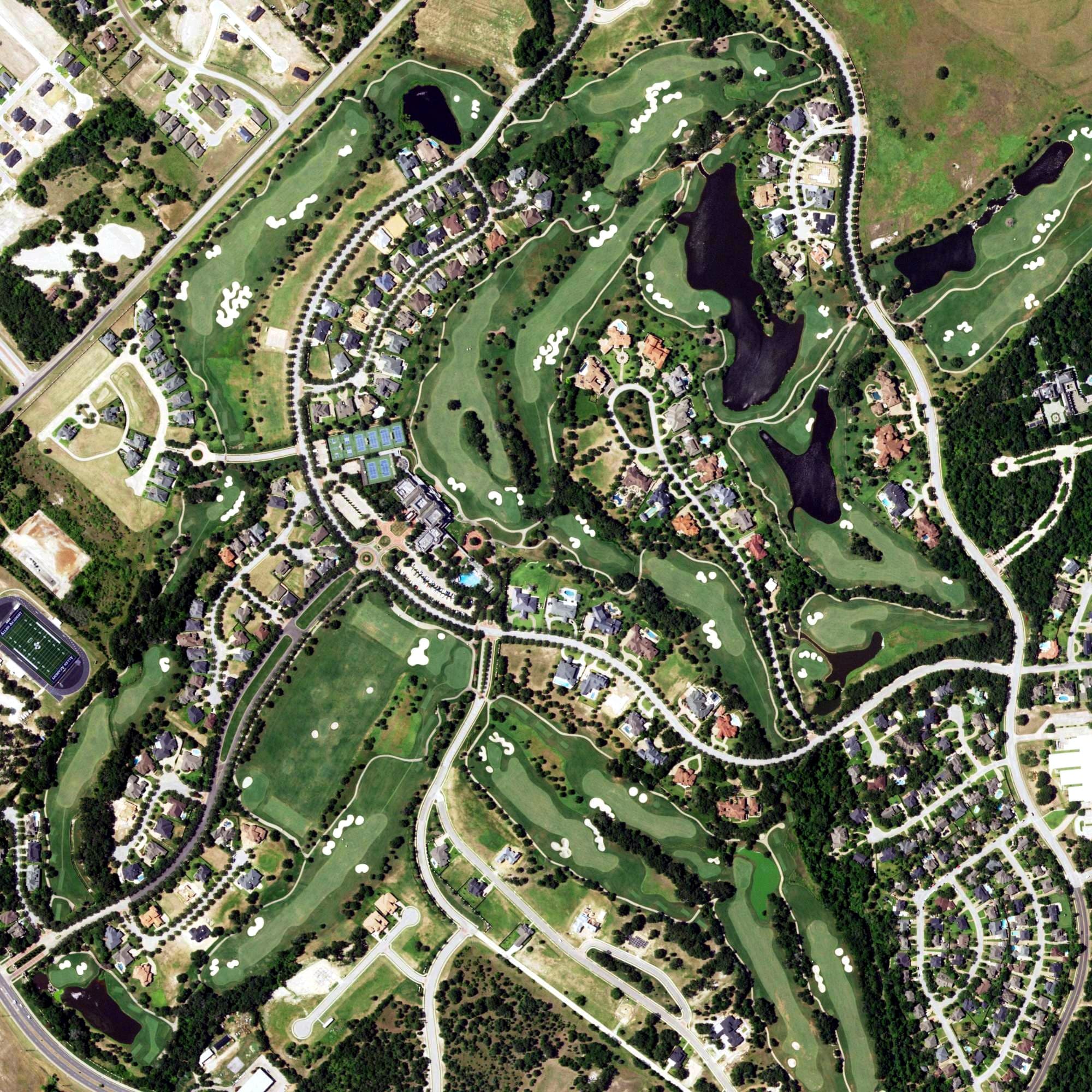 Aerial view of Miramont Country Club, TX, with its hole routing marked