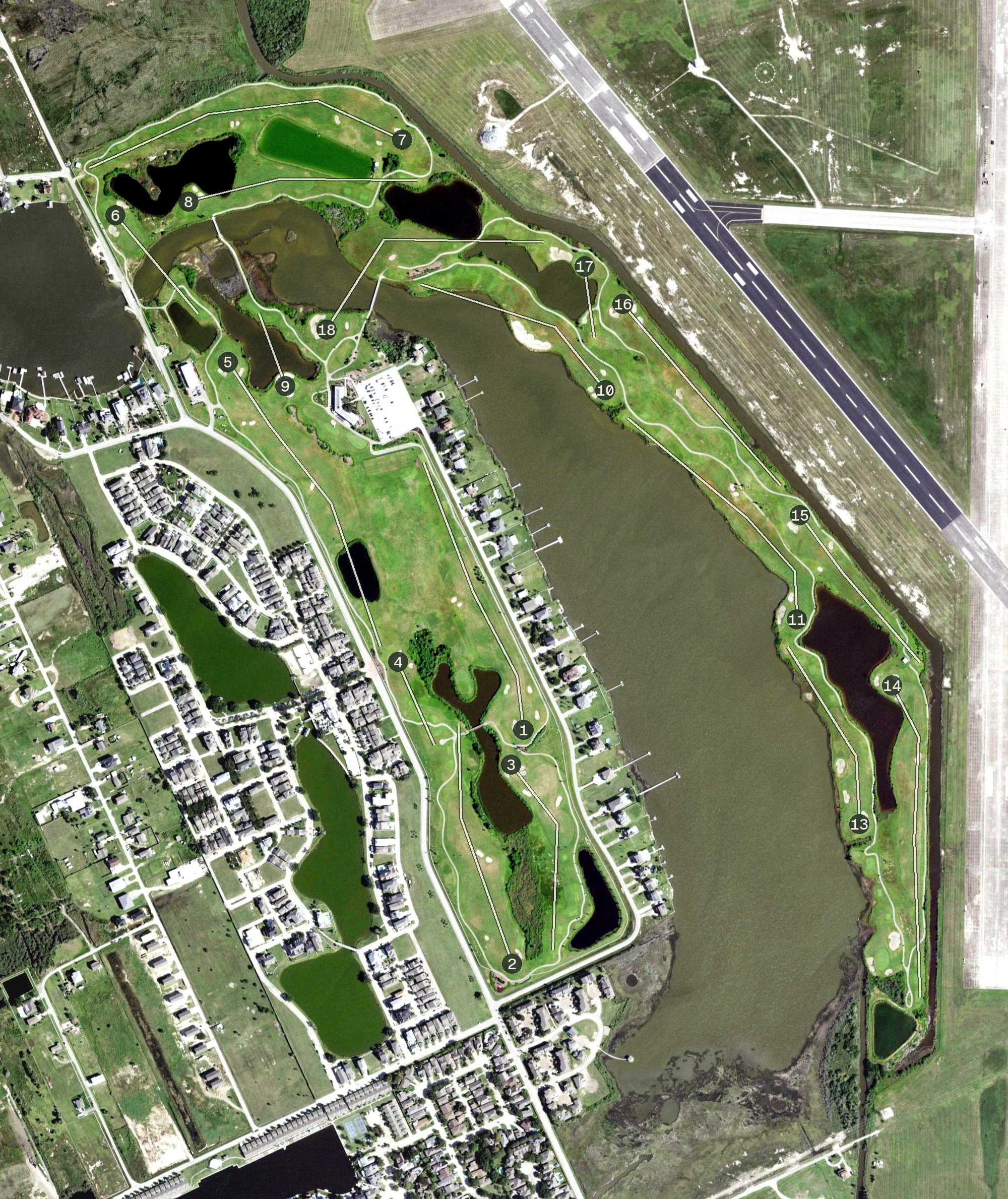 Aerial view of Moody Gardens Golf Course, TX, with its hole routing marked