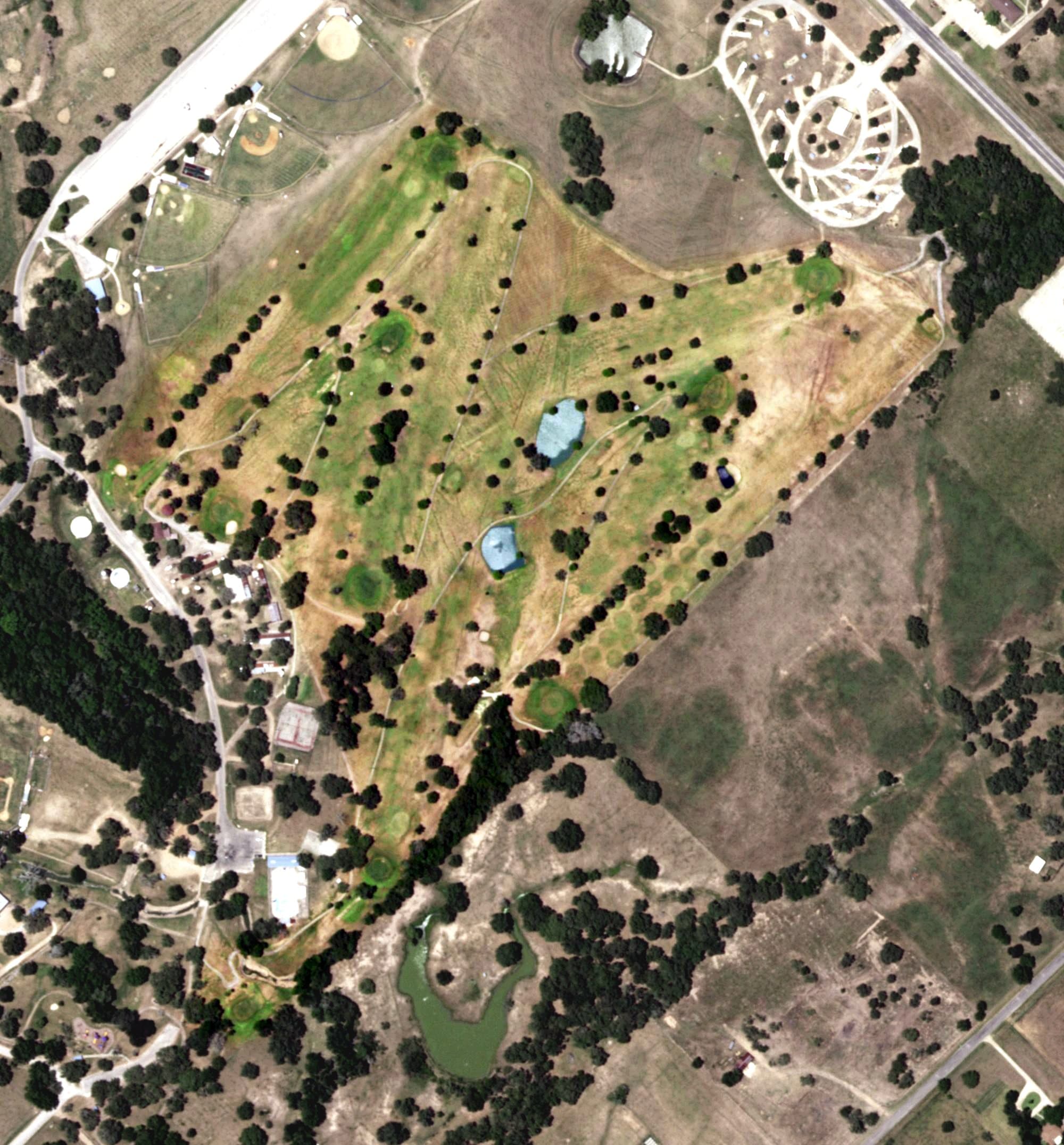 Aerial view of Municipal Golf Course, TX, with its hole routing marked