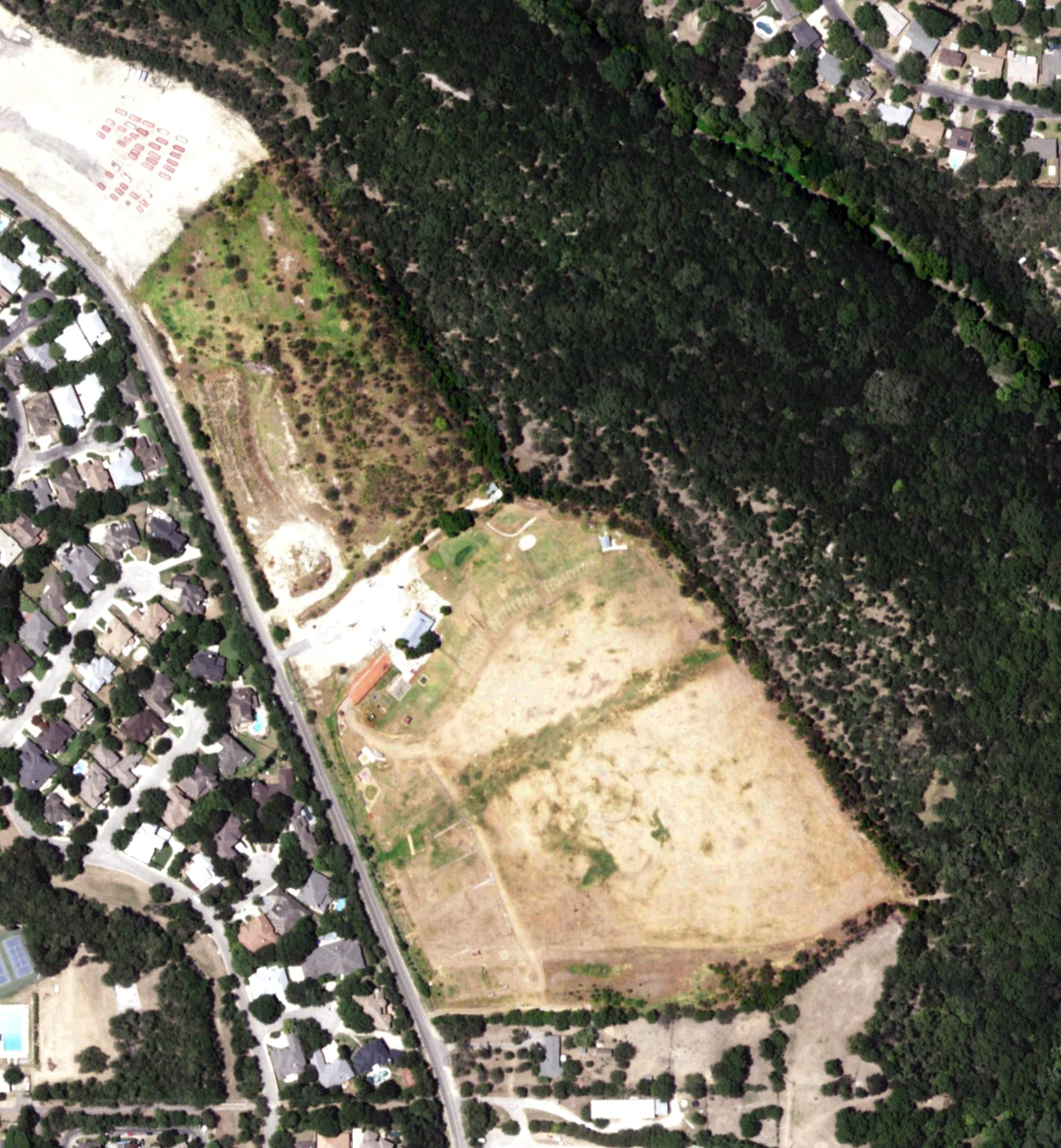 Aerial view of Northeast Golf Center, TX, with its hole routing marked