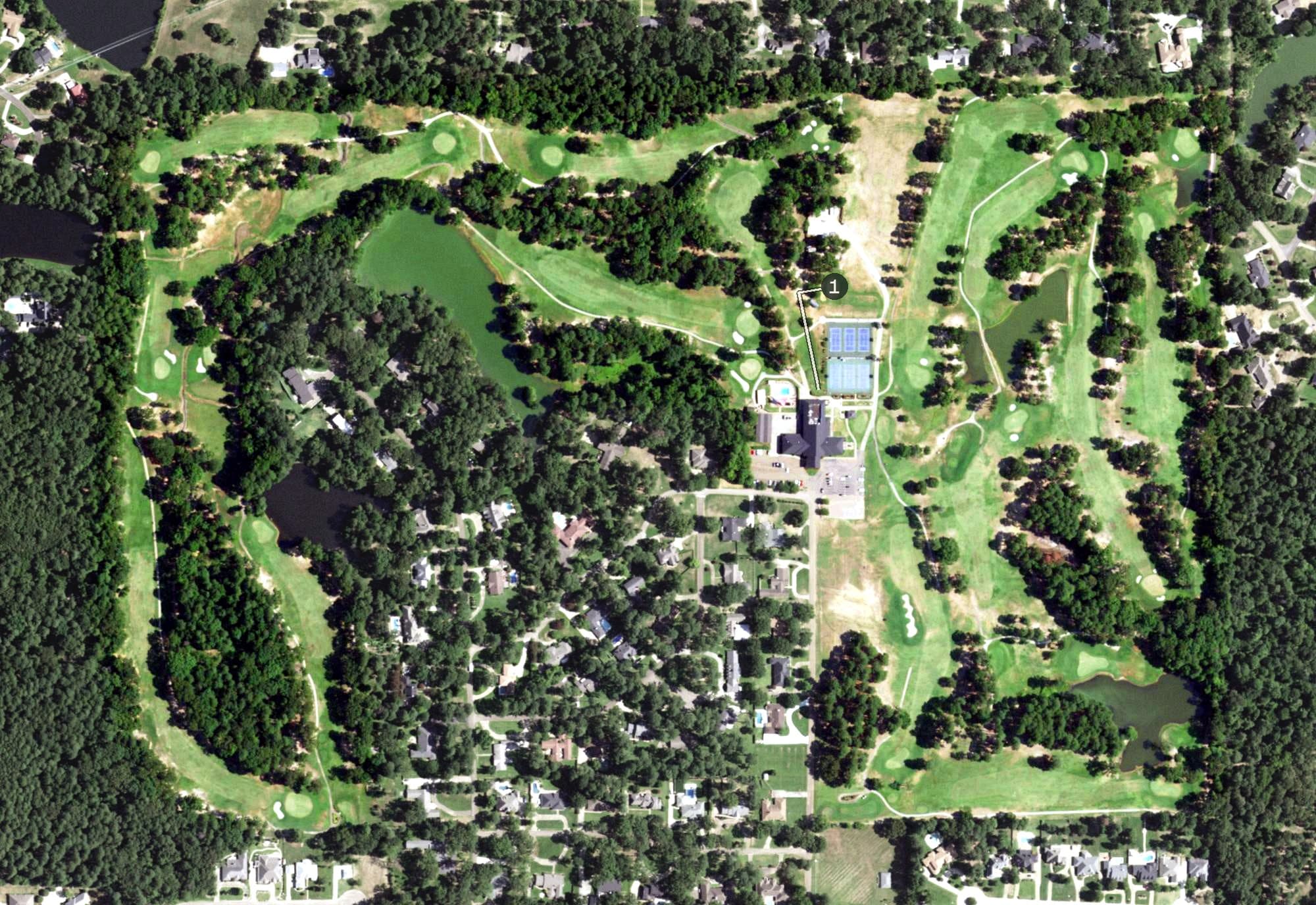 Aerial view of Northridge Country Club, TX, with its hole routing marked