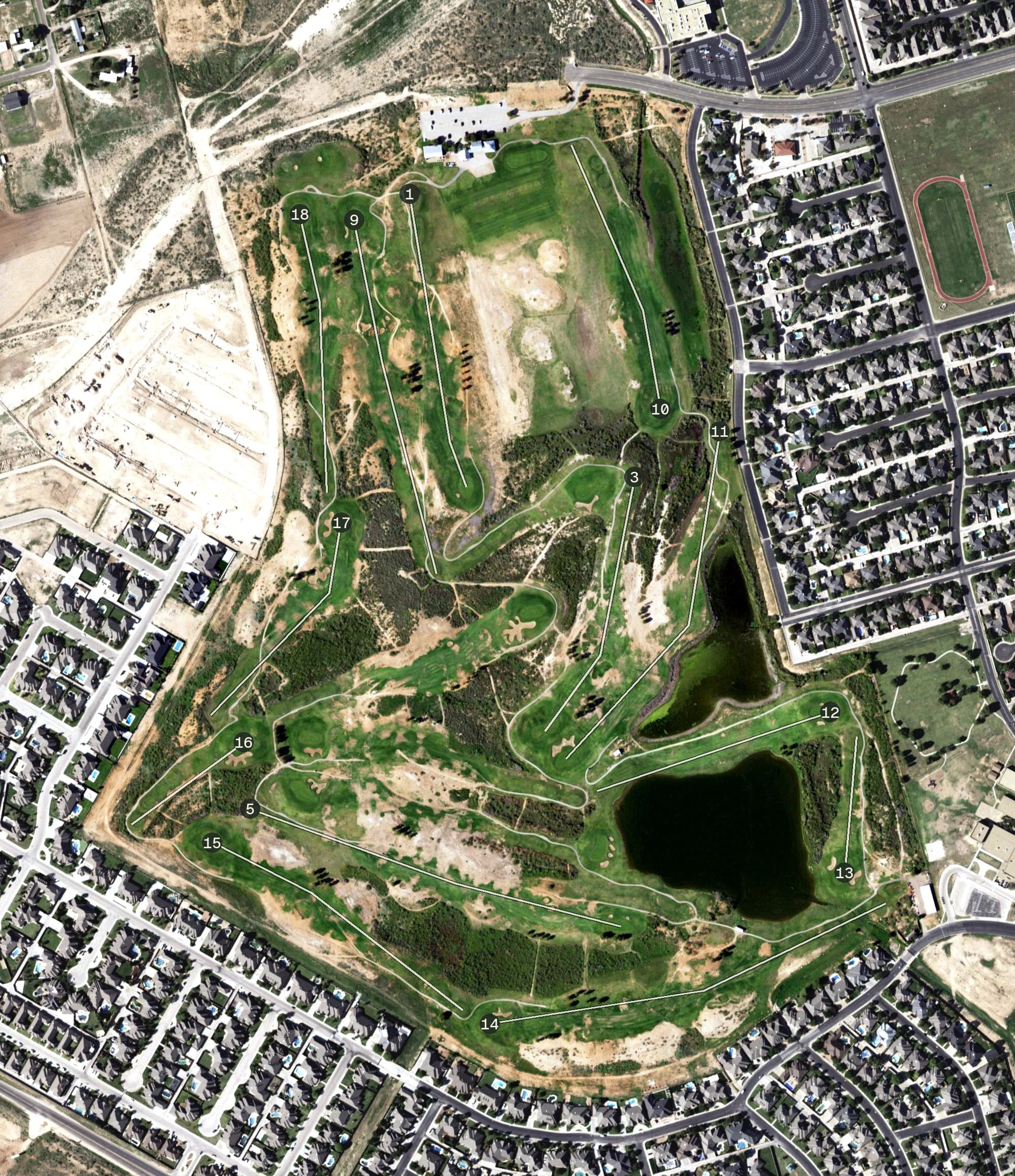 Aerial view of Nueva Vista Golf Club, TX, with its hole routing marked