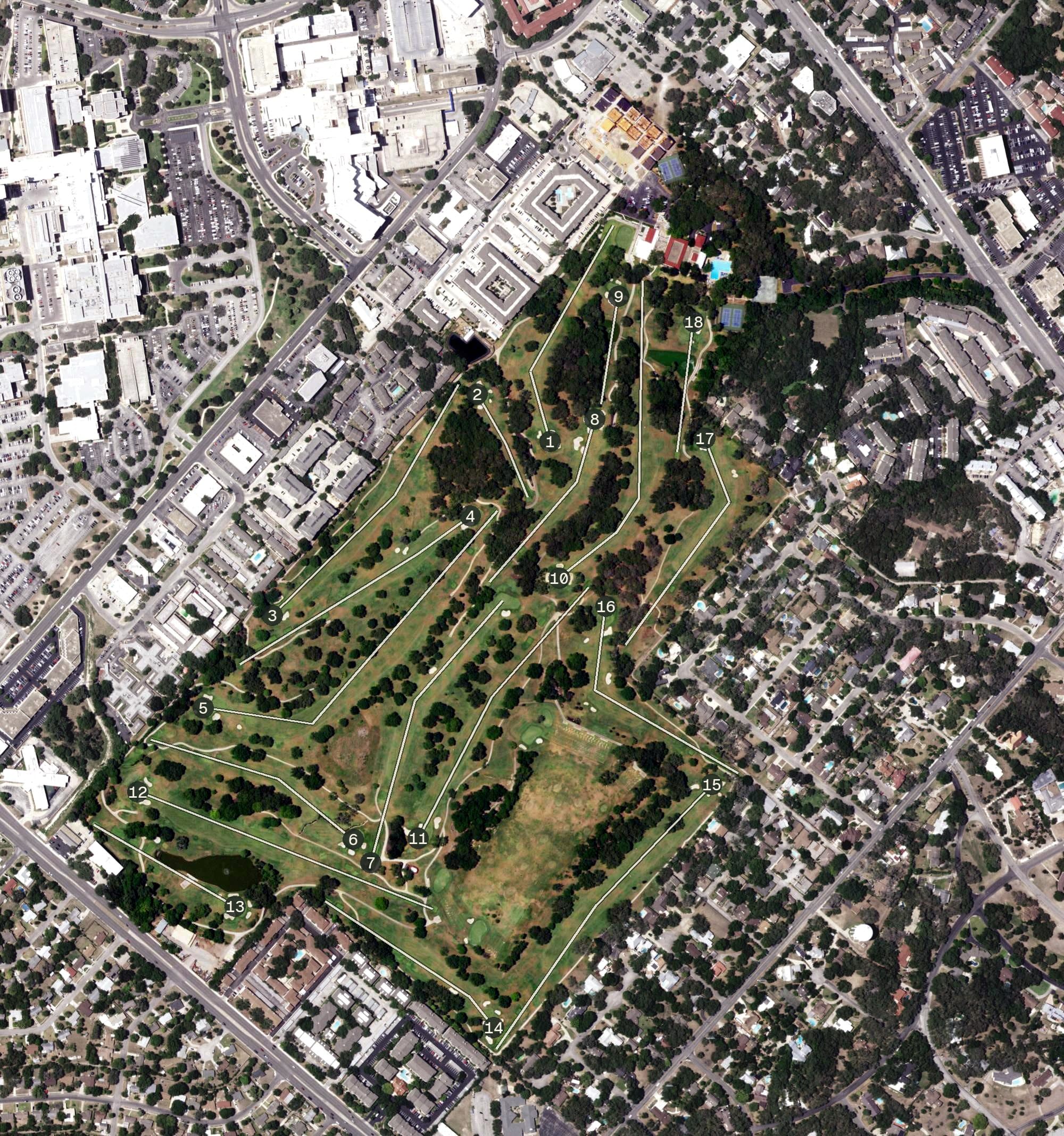 Aerial view of Oak Hills Country Club, TX, with its hole routing marked