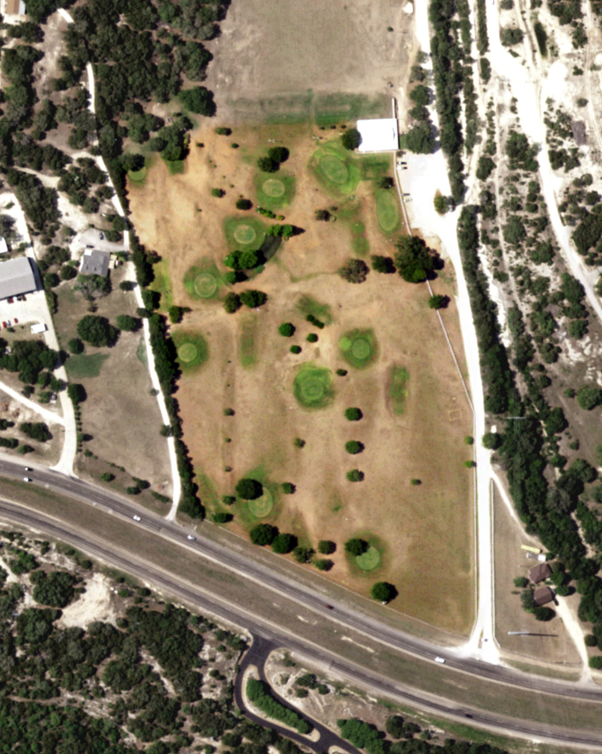 Aerial view of Oak Valley Golf Course, TX, with its hole routing marked