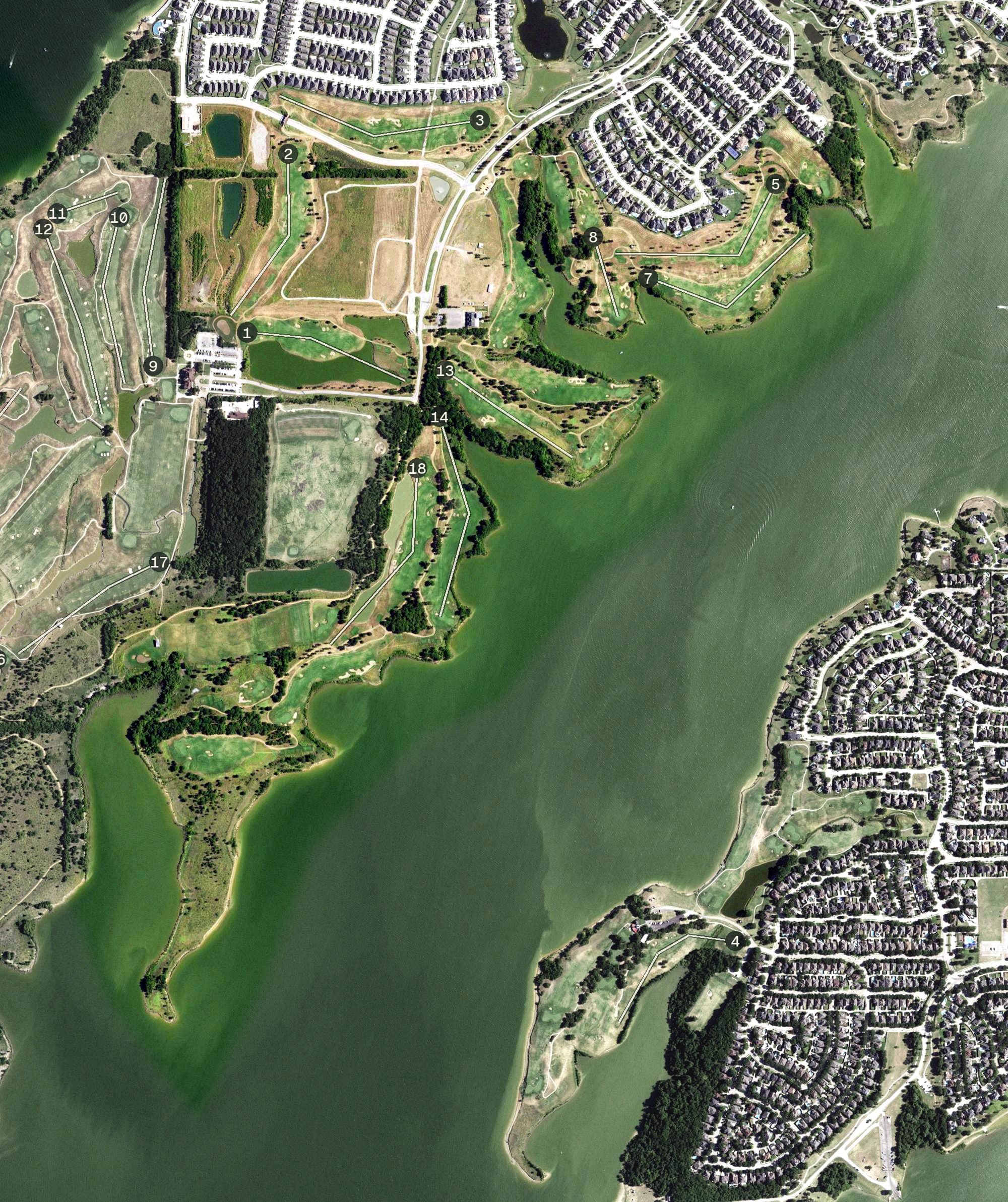Aerial view of Old American Golf Club, TX, with its hole routing marked