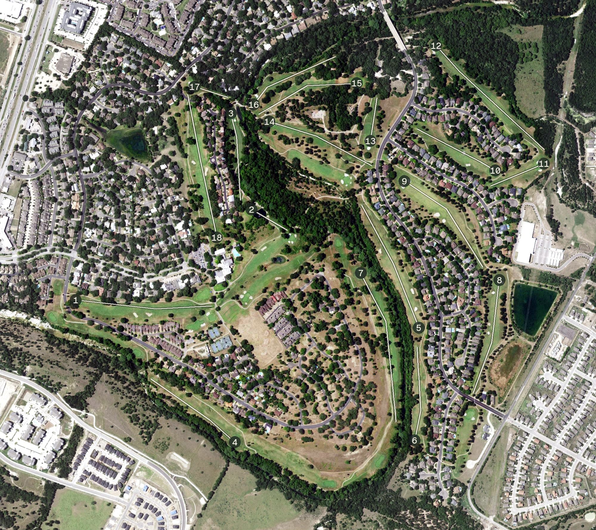Aerial view of Onion Creek Club, TX, with its hole routing marked