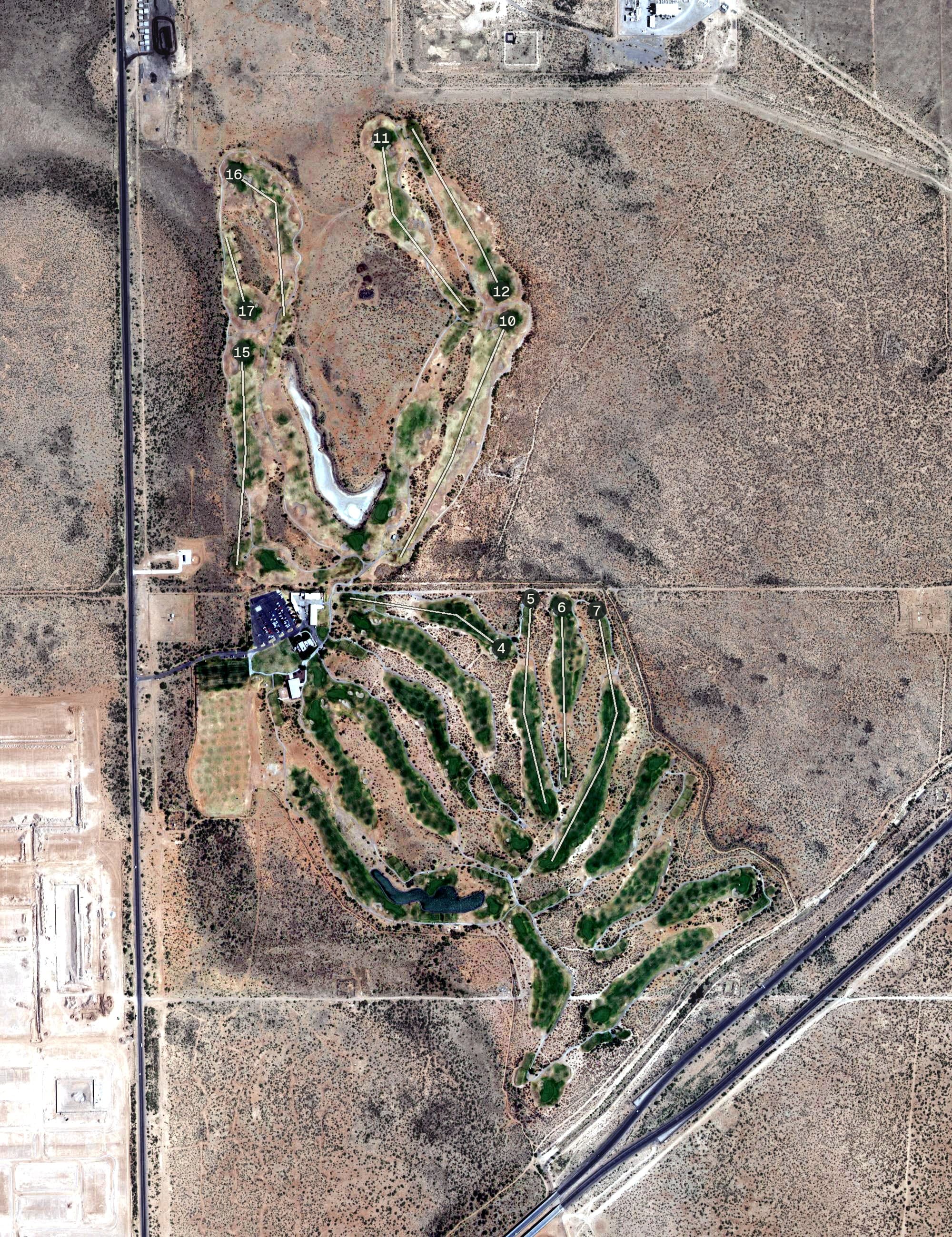 Aerial view of Painted Dunes Golf Course, TX, with its hole routing marked