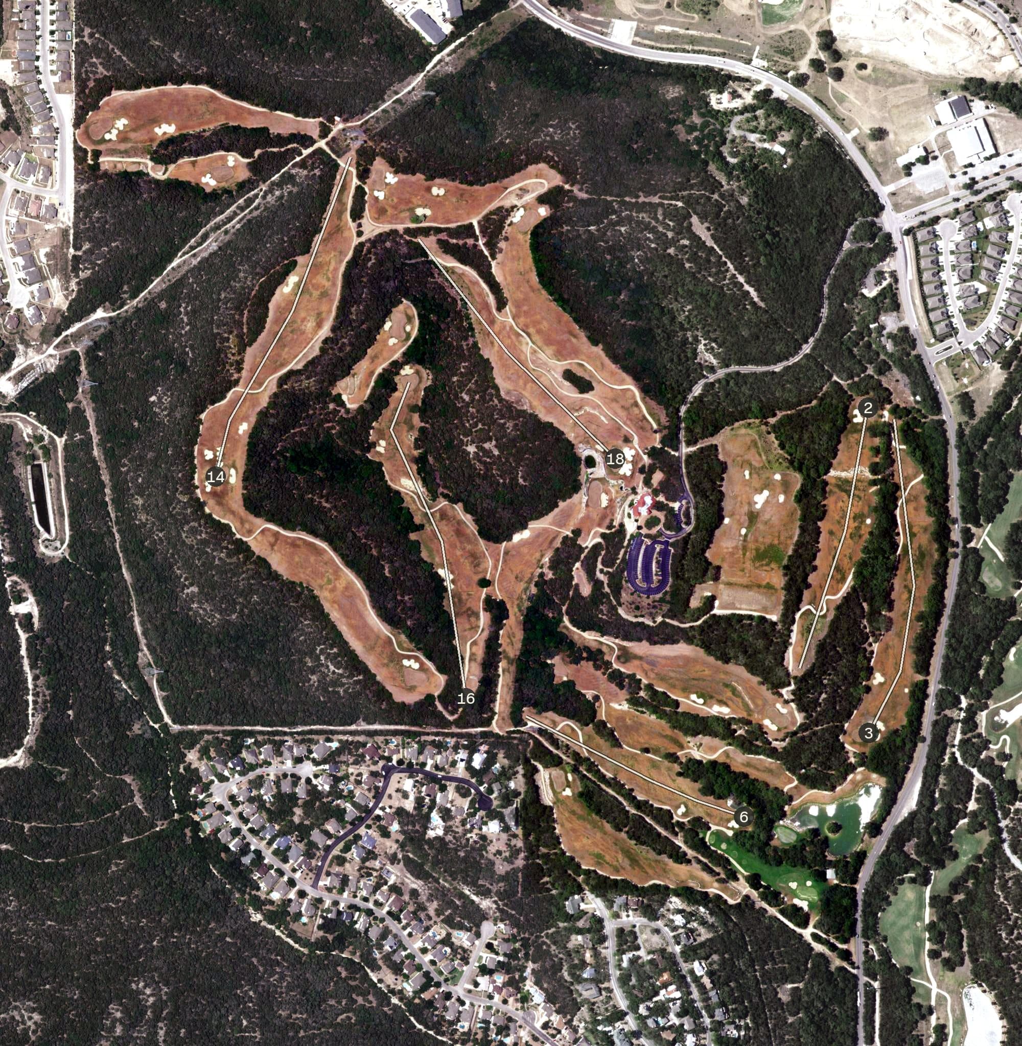 Aerial view of Palmer Course at La Cantera, TX, with its hole routing marked