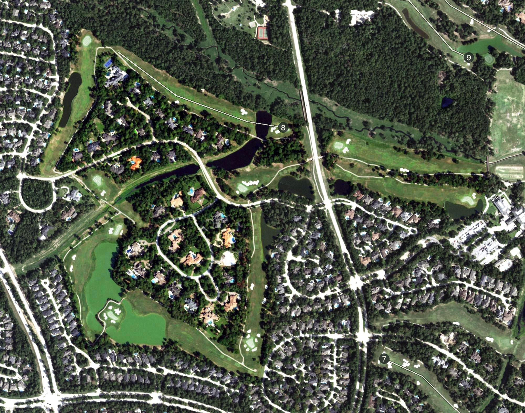 Aerial view of Palmer Course - General nine, TX, with its hole routing marked