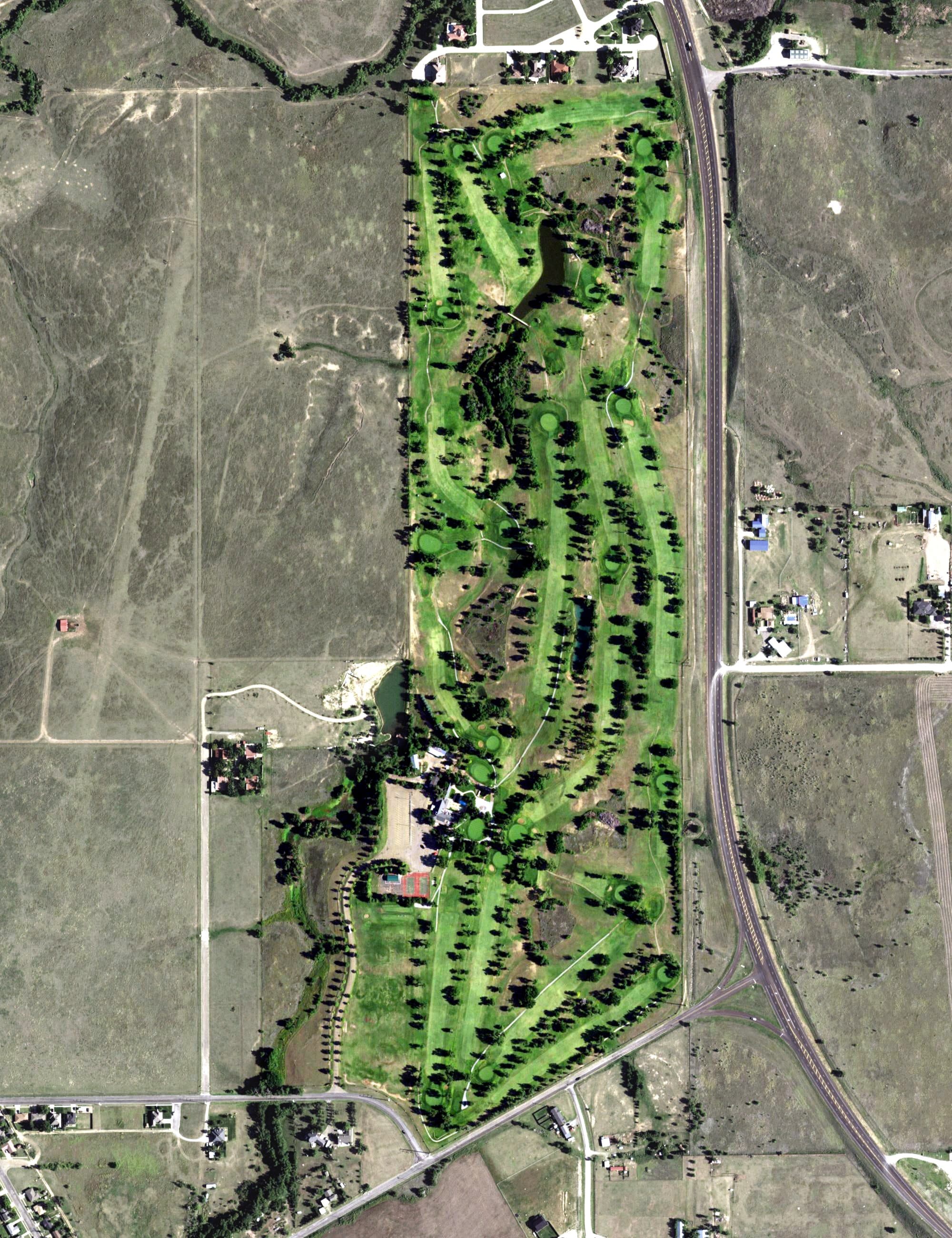 Aerial view of Pampa Country Club, TX, with its hole routing marked