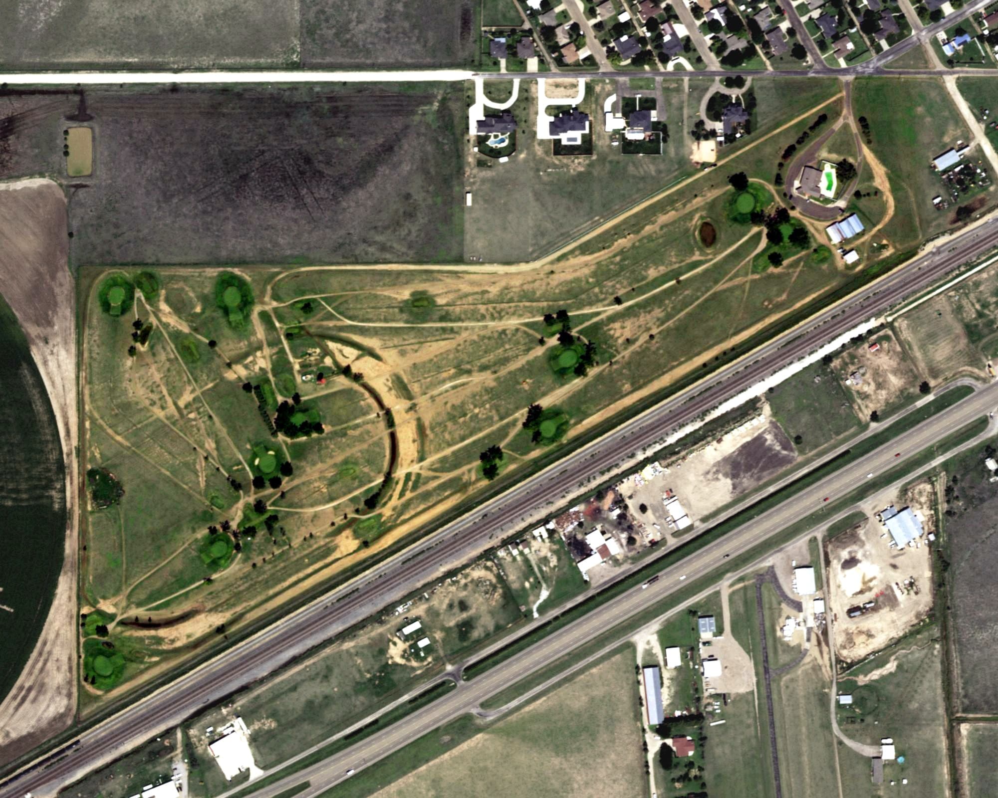 Aerial view of Panhandle Country Club, TX, with its hole routing marked