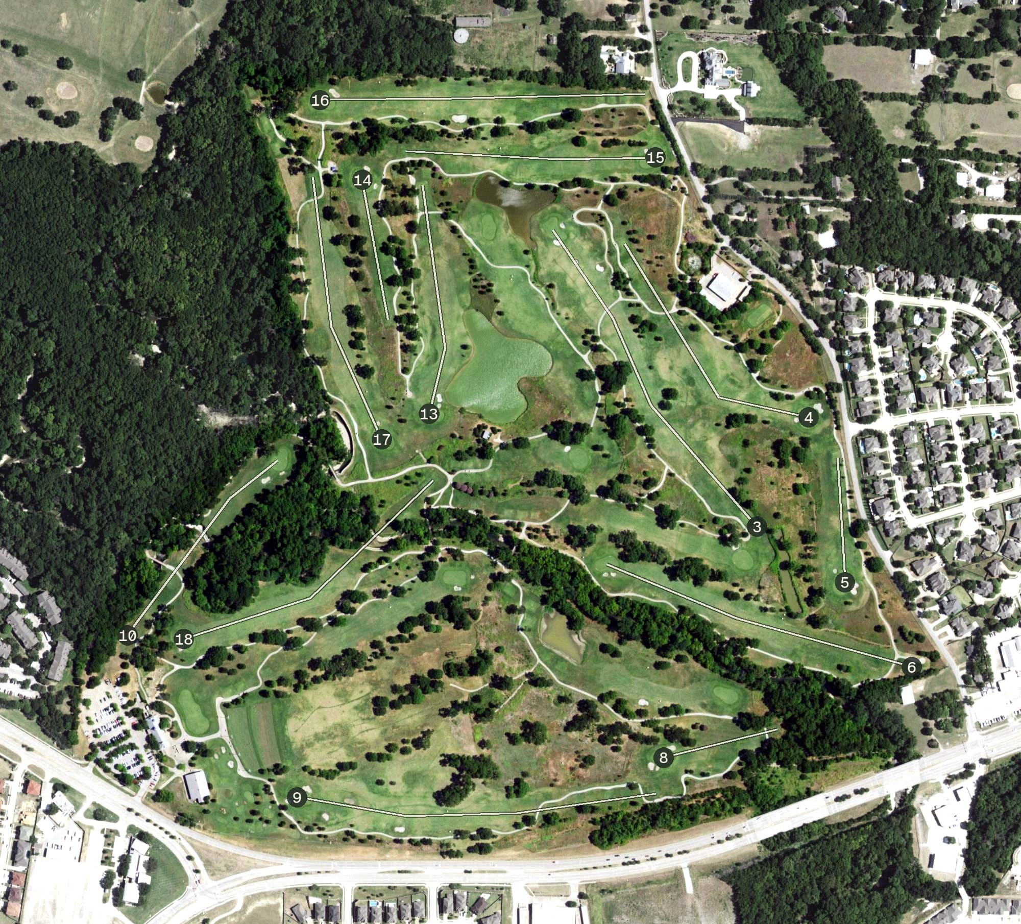 Aerial view of Pecan Hollow Golf Course, TX, with its hole routing marked
