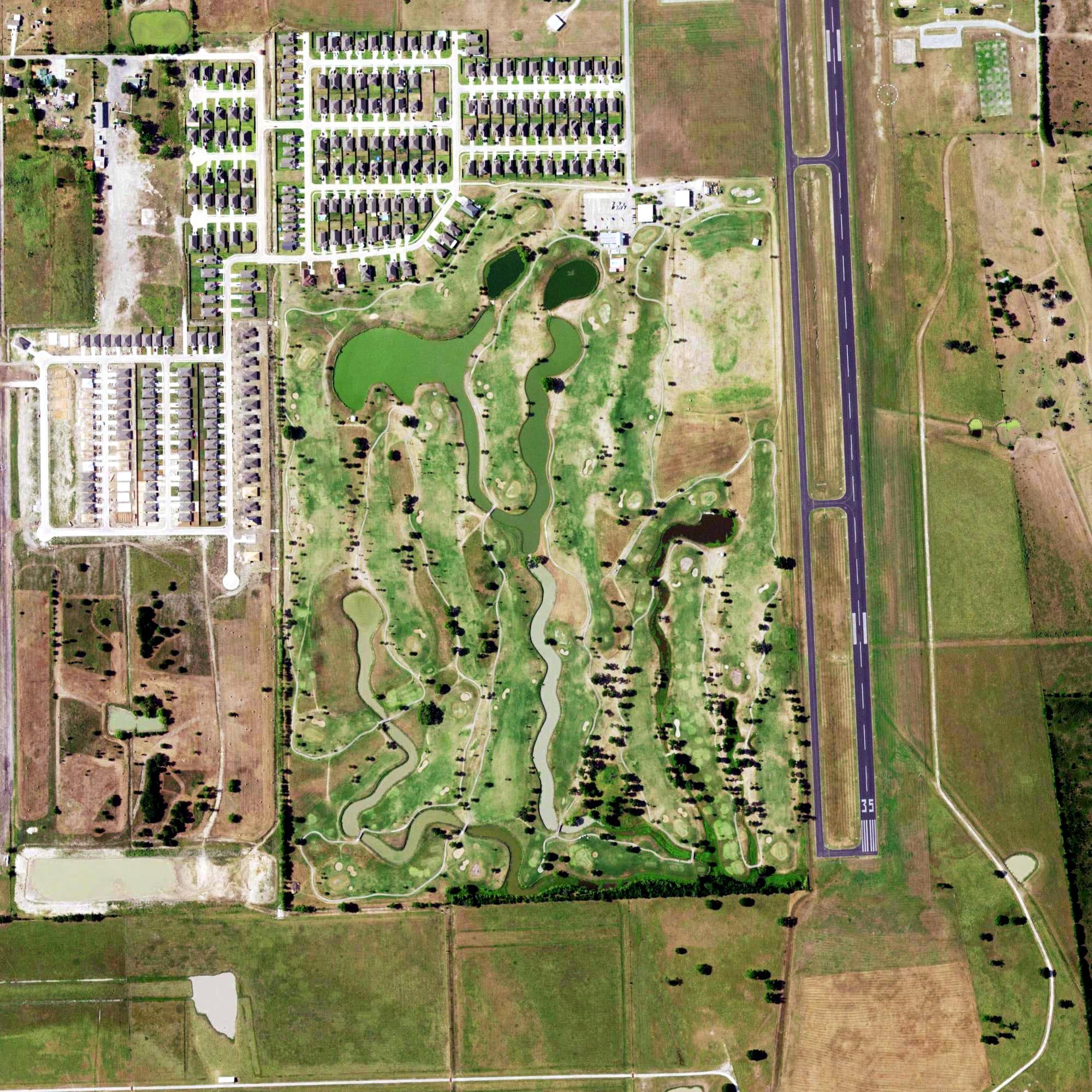 Aerial view of Pecan Lakes Golf Course, TX, with its hole routing marked