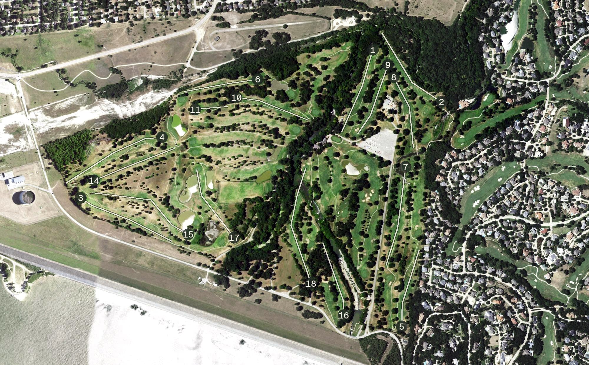 Aerial view of Pecan Valley Golf Course, TX, with its hole routing marked