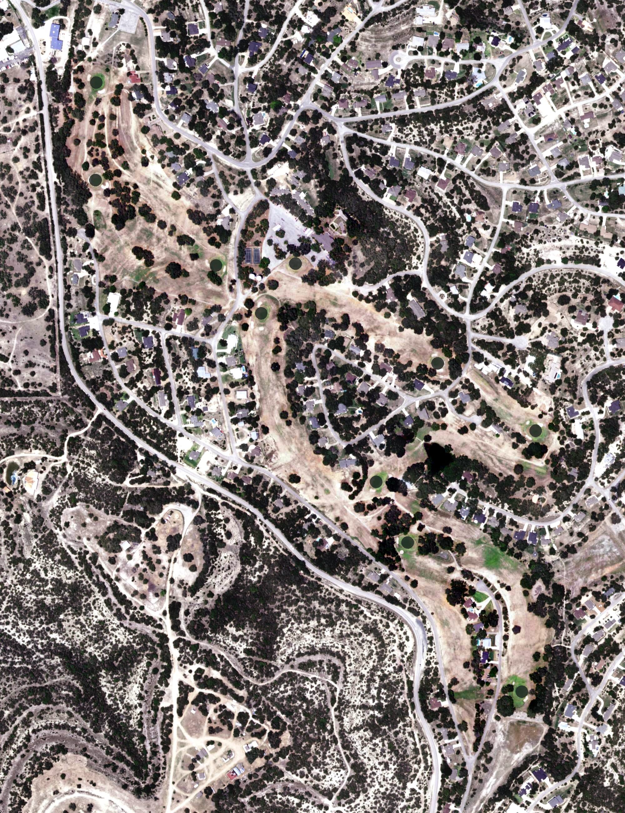 Aerial view of Pedernales Golf Club, TX, with its hole routing marked