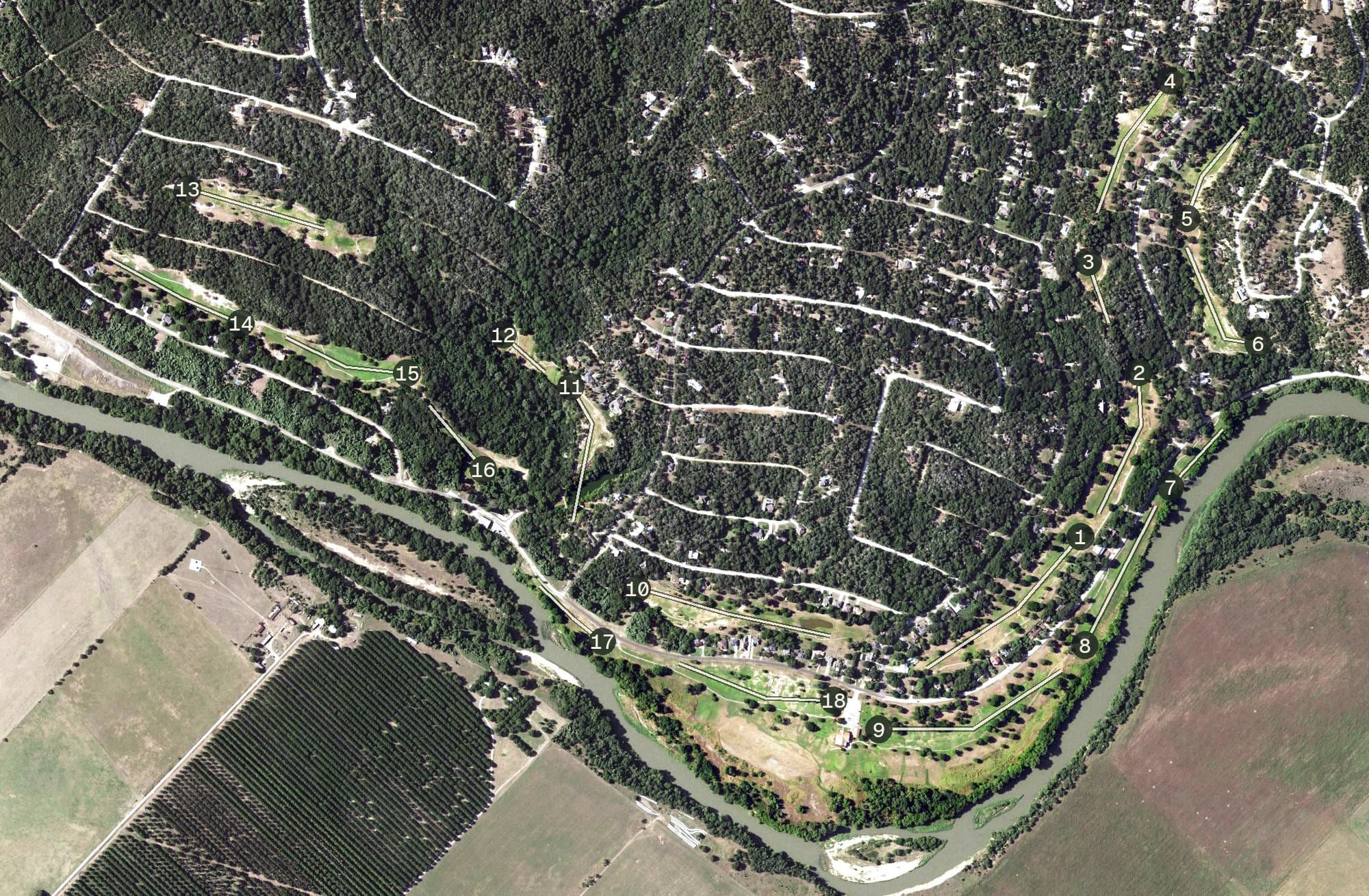 Aerial view of Pine Forest Golf Club, TX, with its hole routing marked