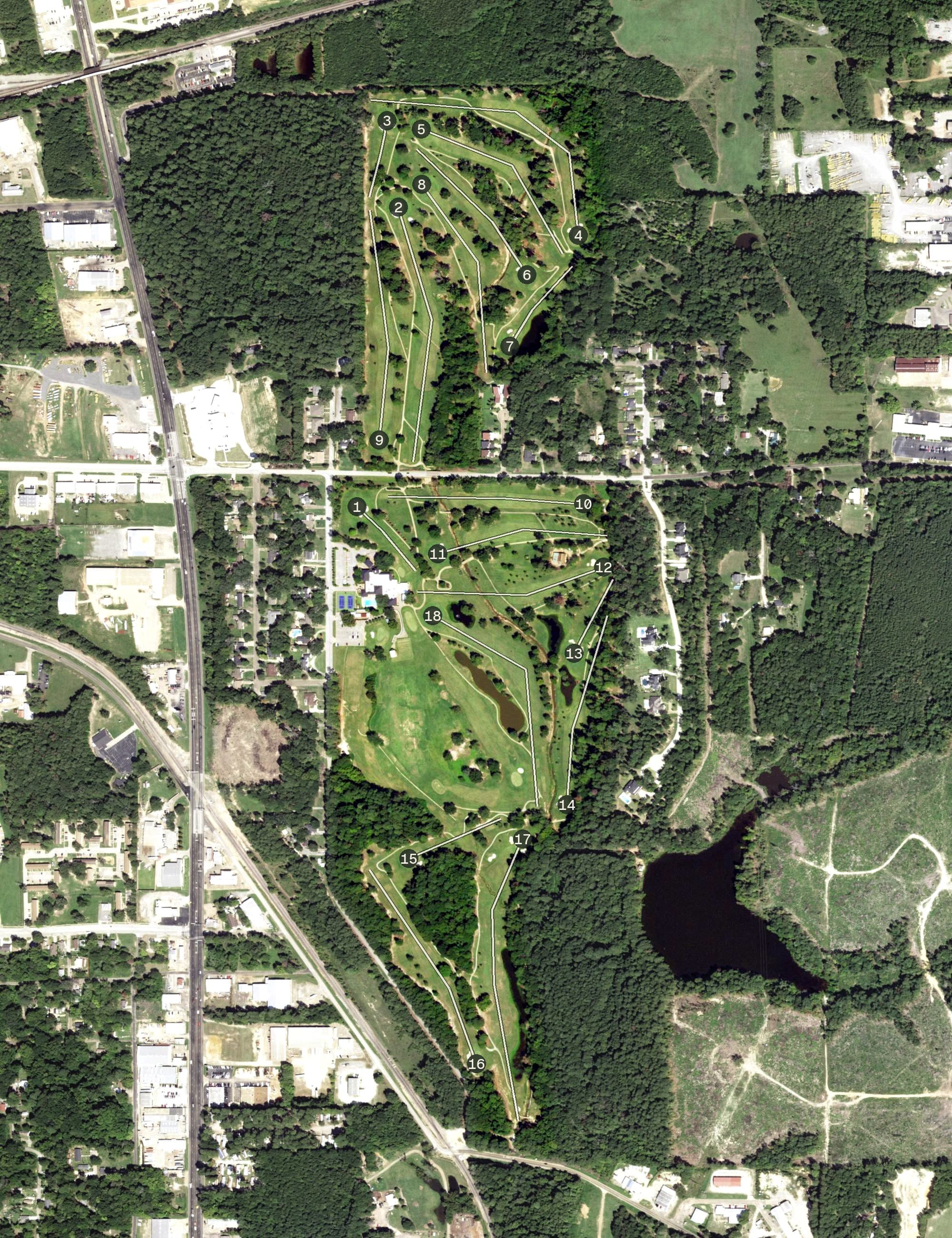 Aerial view of Pinecrest Country Club, TX, with its hole routing marked